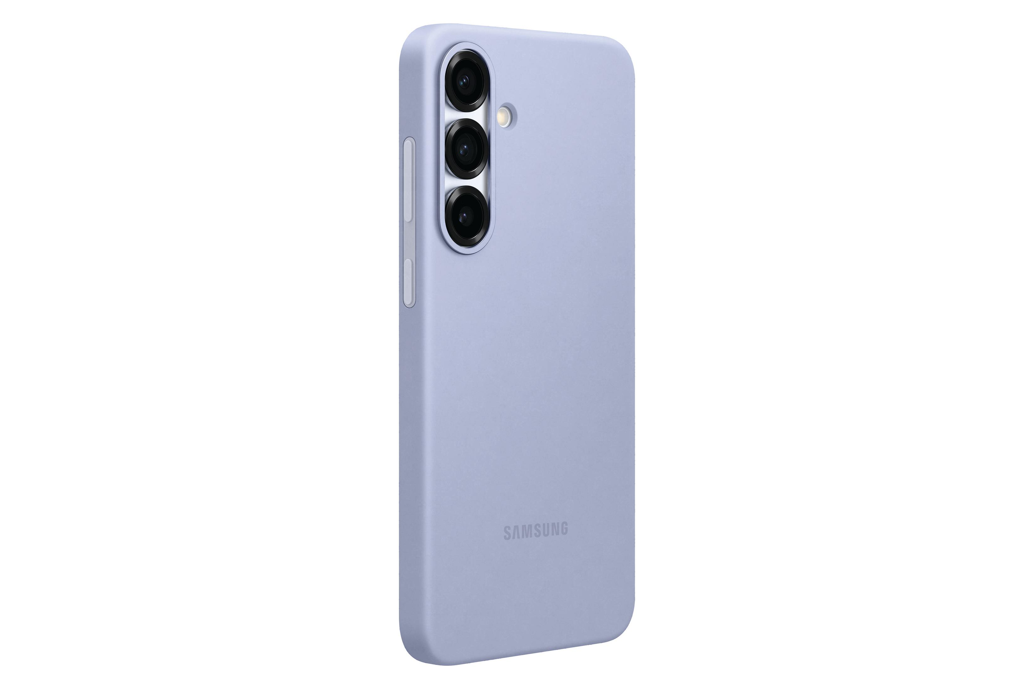 Funda de teléfono lavanda con tres recortes para cámara. El logotipo de Samsung es visible.