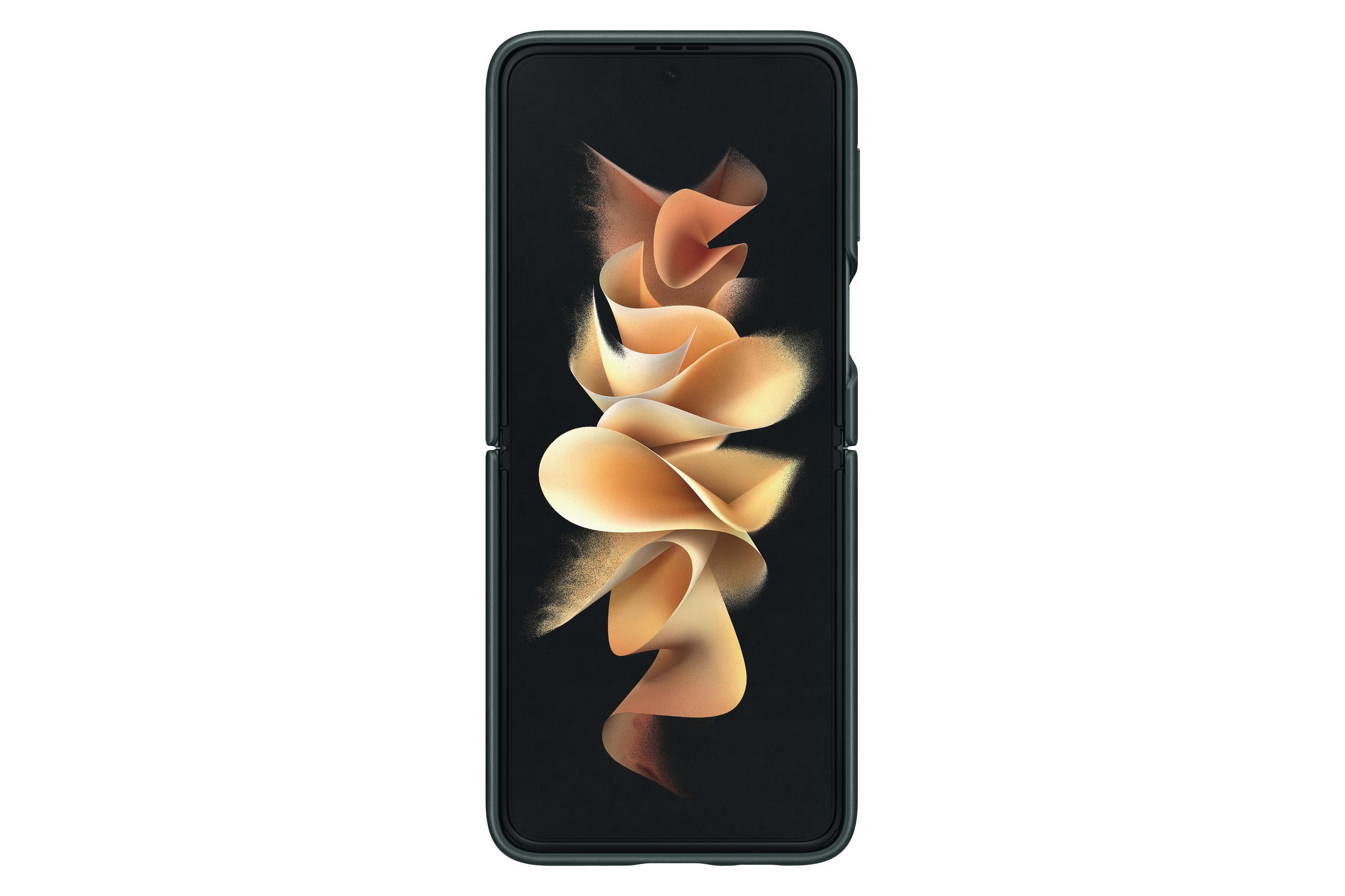 Smartphone plegable, abierto. Pantalla negra con diseño abstracto naranja y marrón. Marco verde.