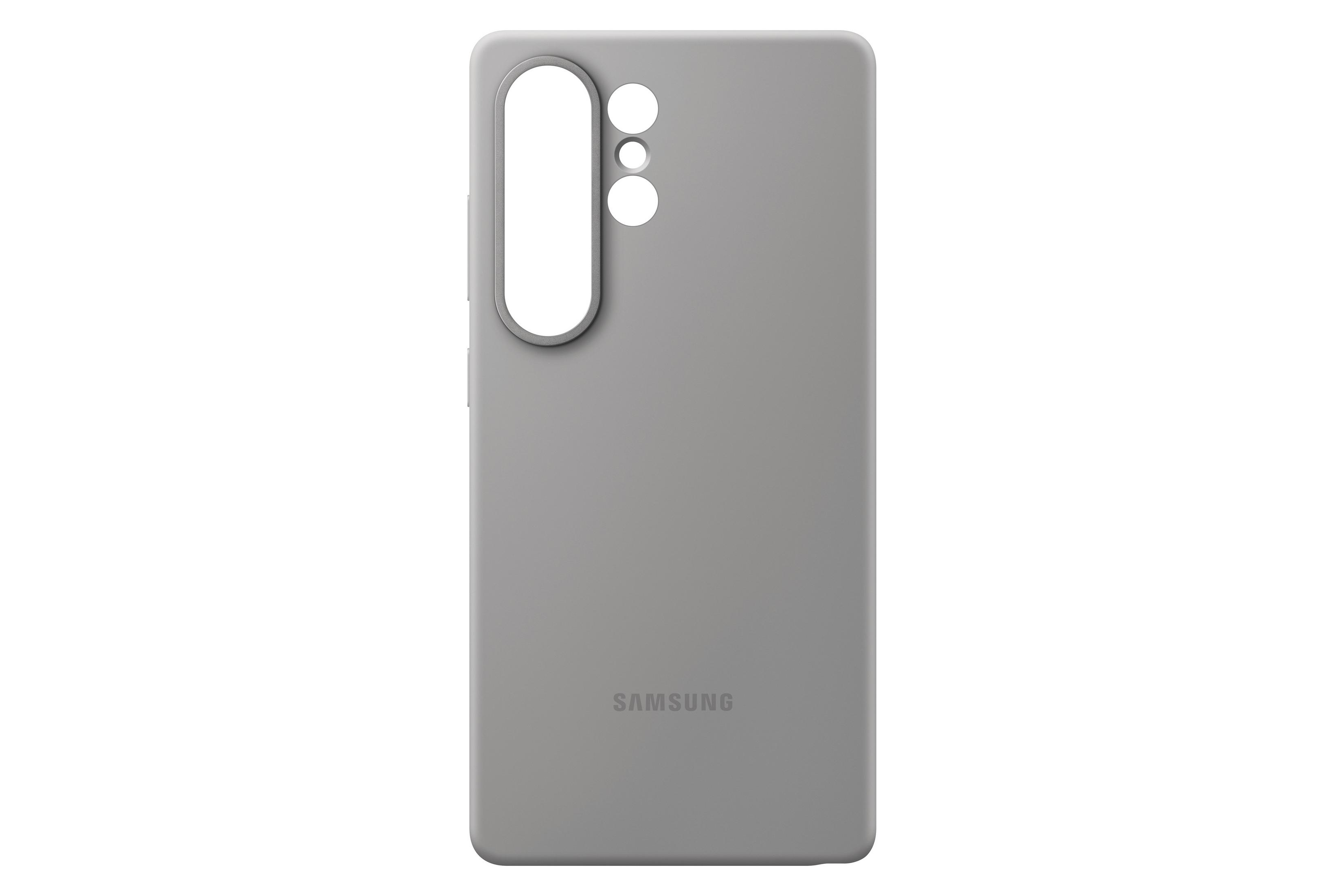 Custodia grigia con tre ritagli per fotocamera e il logo Samsung visibile.
