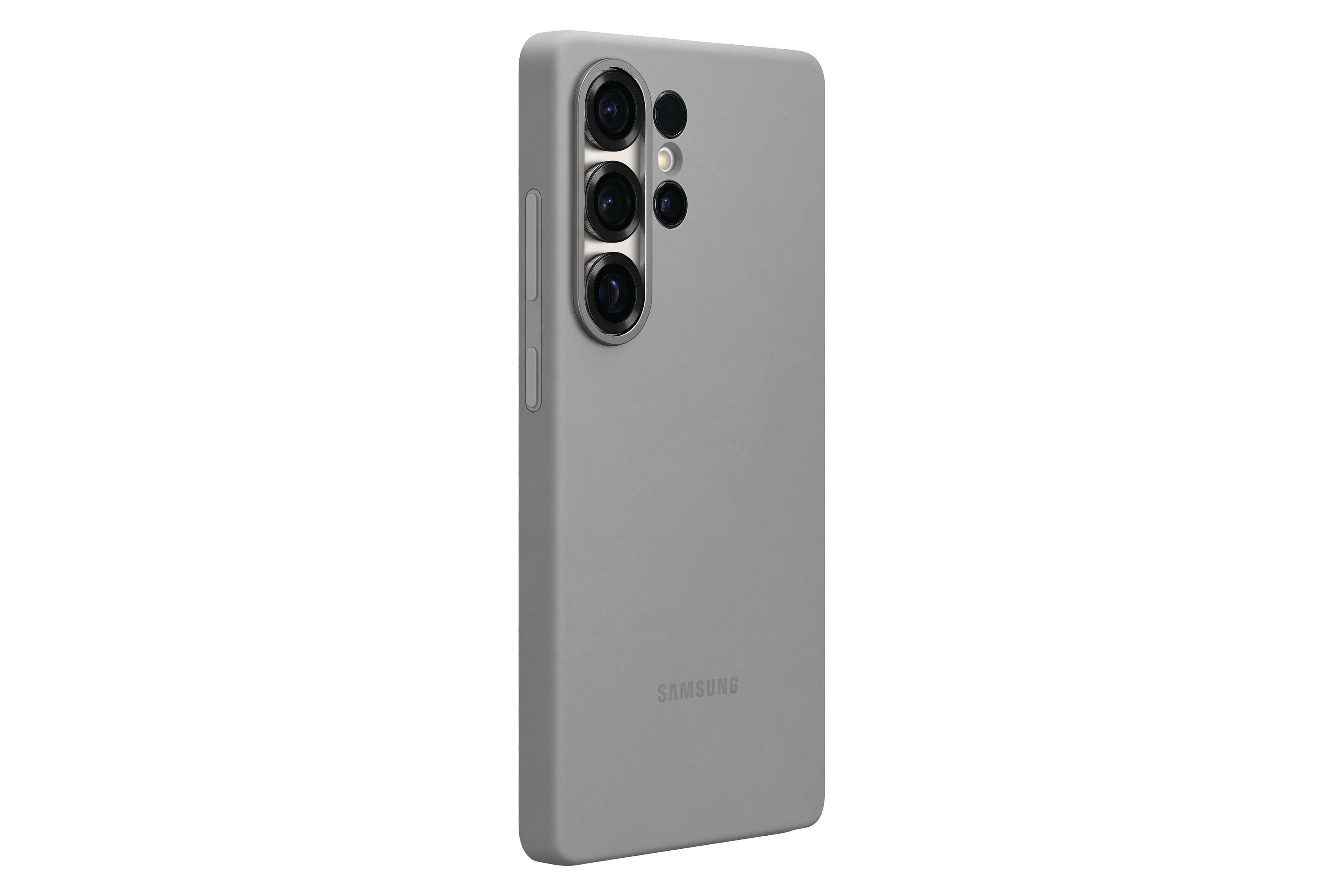 Custodia grigia, vista angolata del retro. Obiettivi della fotocamera e il logo Samsung sono visibili.