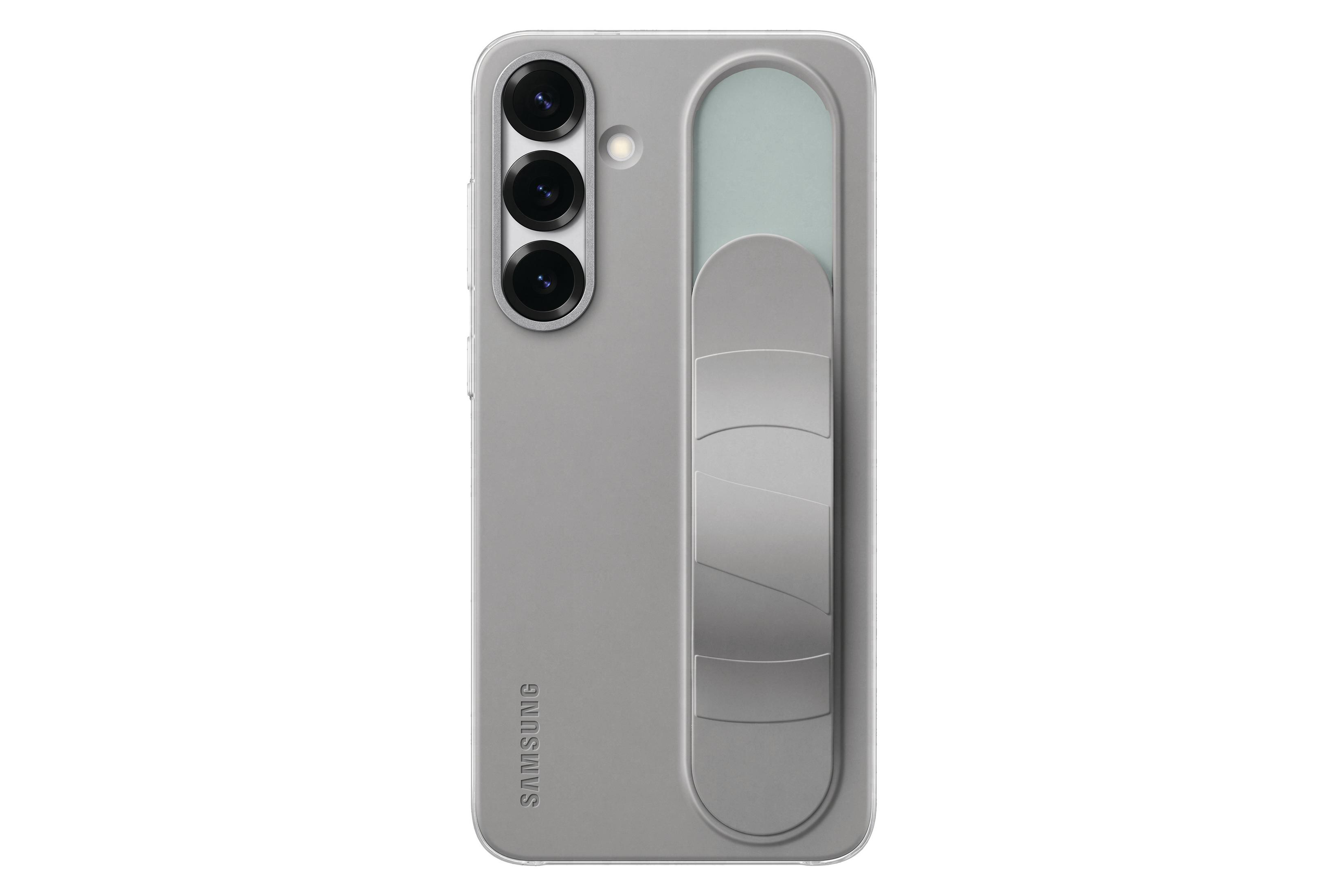 Szare etui na telefon ze stojakiem.