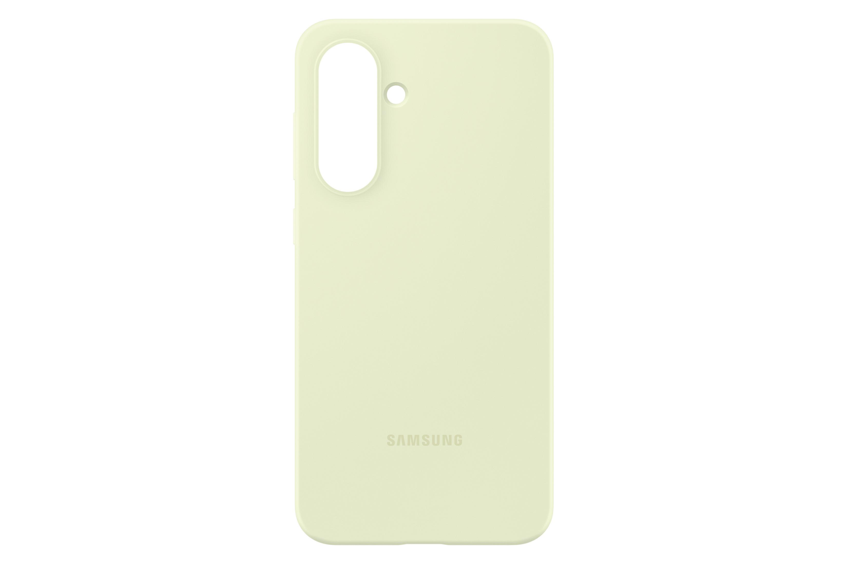 Custodia per telefono giallo pallido. Il logo Samsung è visibile. Design semplice.