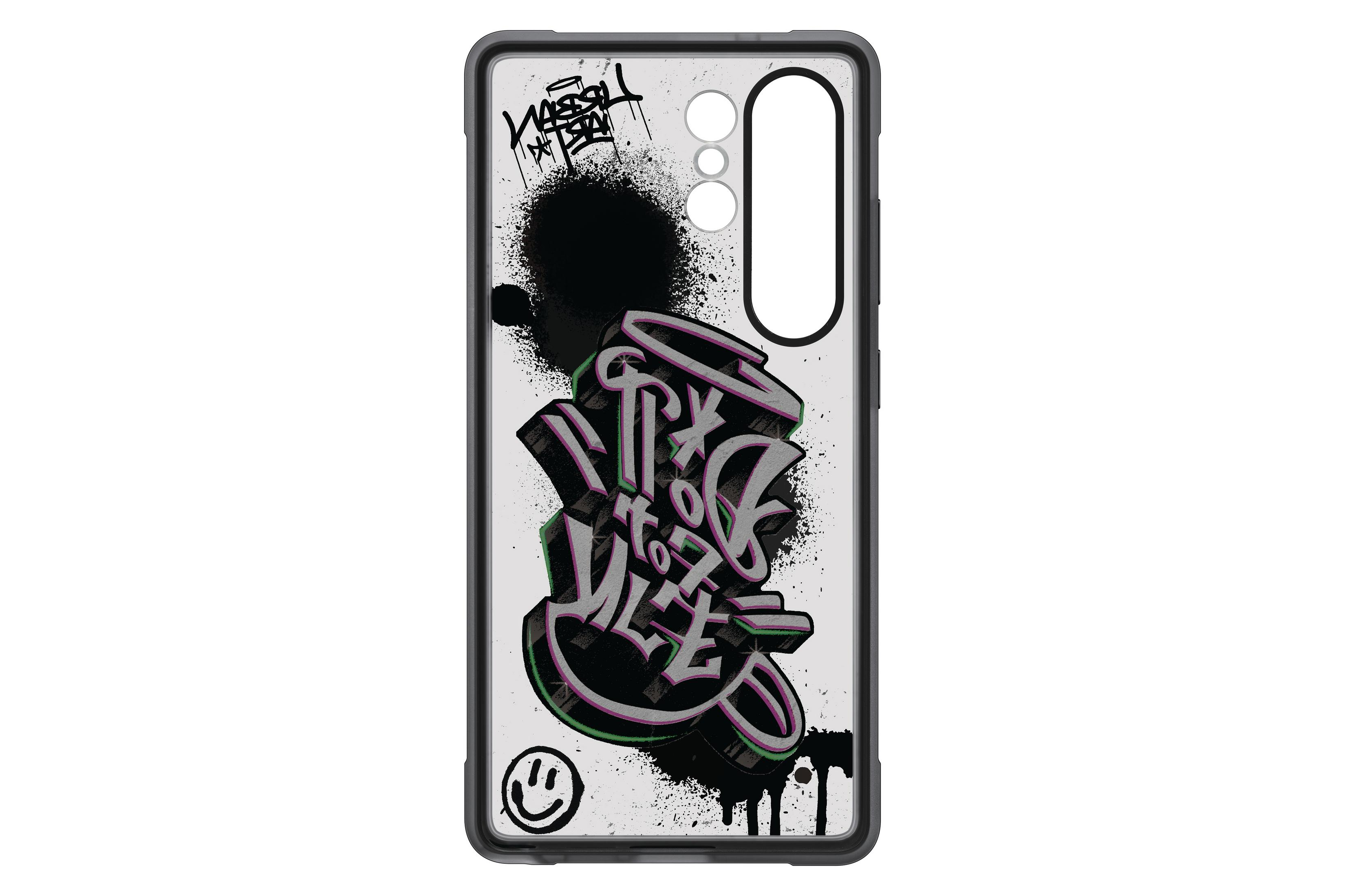 Telefoonhoesje met graffiti-ontwerp. De hoes heeft zwart-witte graffiti-kunst, met een smiley en tekst.