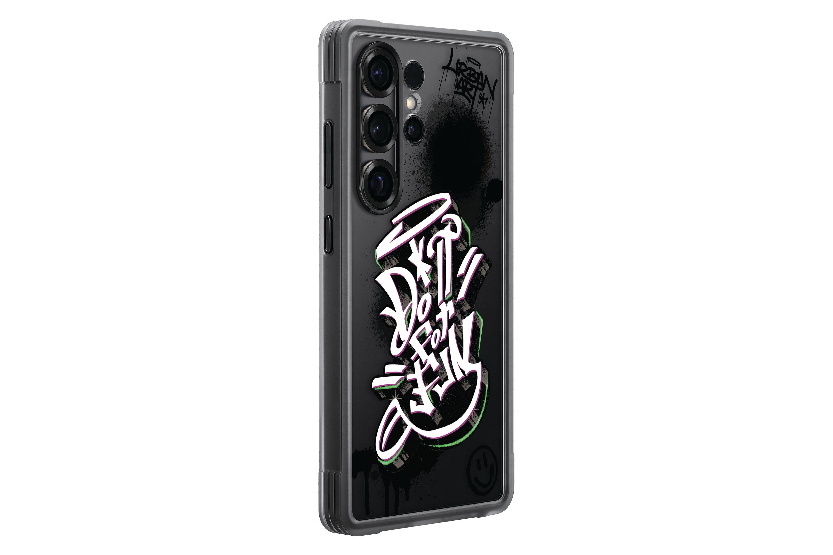 Zwarte telefoonhoes met graffiti-kunst. Voorzien van een camera en meerdere lenzen.