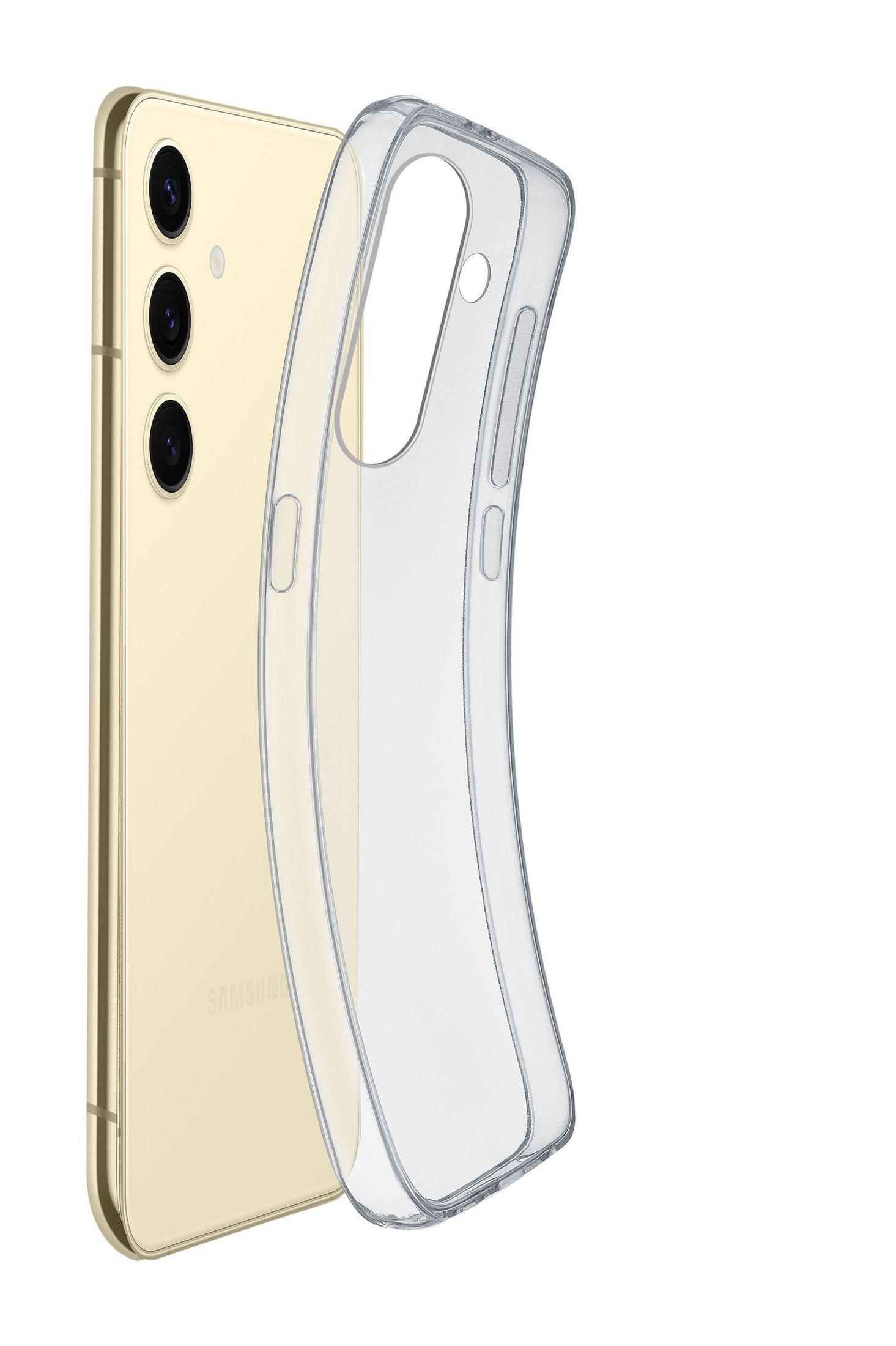 Funda transparente para teléfono en un teléfono dorado. La funda es transparente y ligeramente curvada.