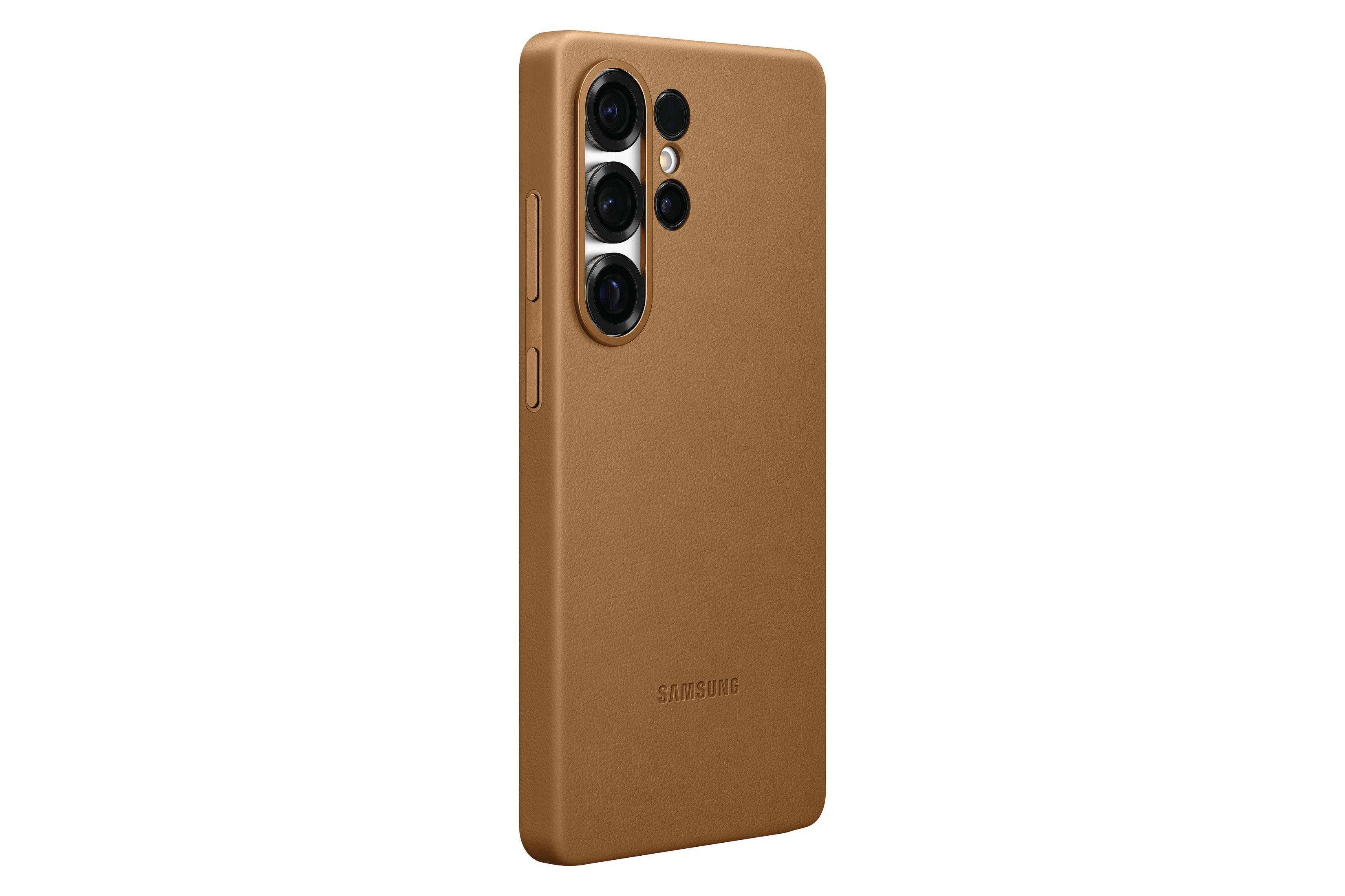 Una funda marrón para teléfono con el logotipo de Samsung.