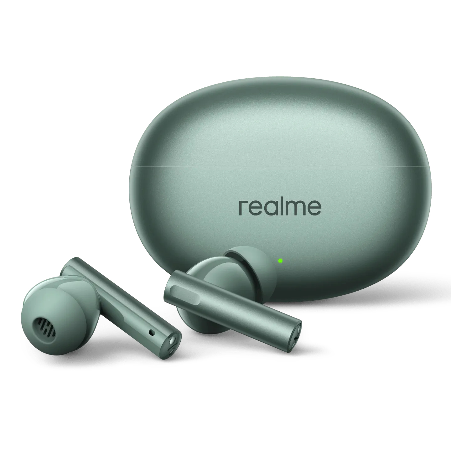 Auricolari wireless verdi e custodia di ricarica. La custodia è ovale con la scritta 'realme'.