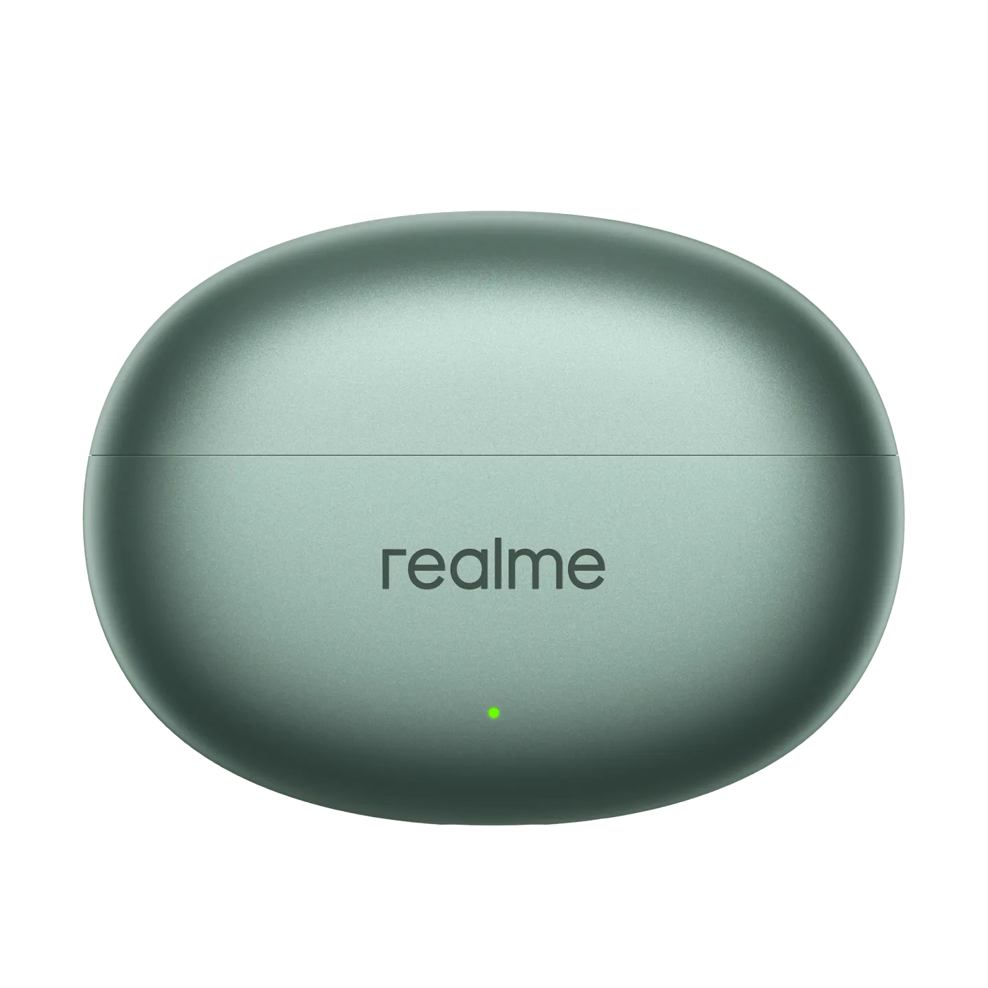Custodia per auricolari Realme verde. Logo Realme. Luce verde che indica la carica.