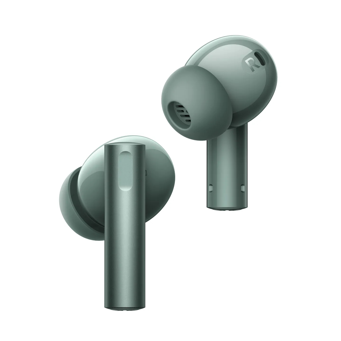 Due auricolari wireless verdi su sfondo bianco.