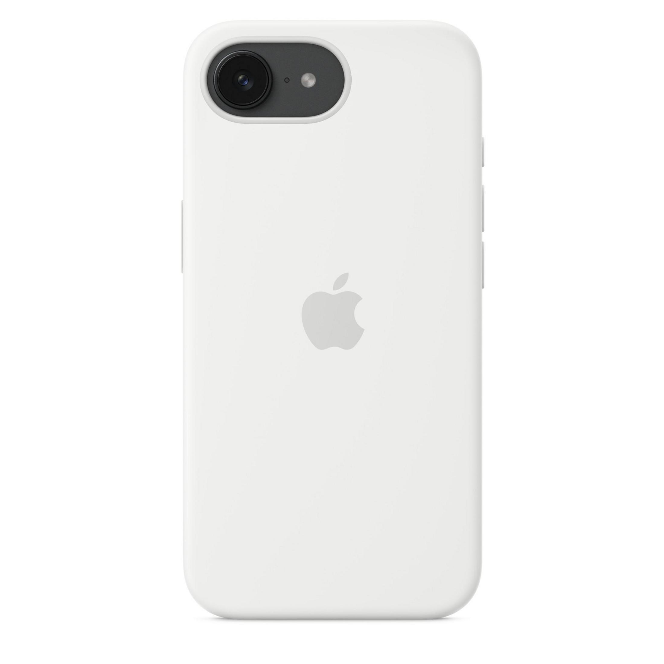 Weißes Telefon in einer weißen Hülle, mit dem Apple-Logo.