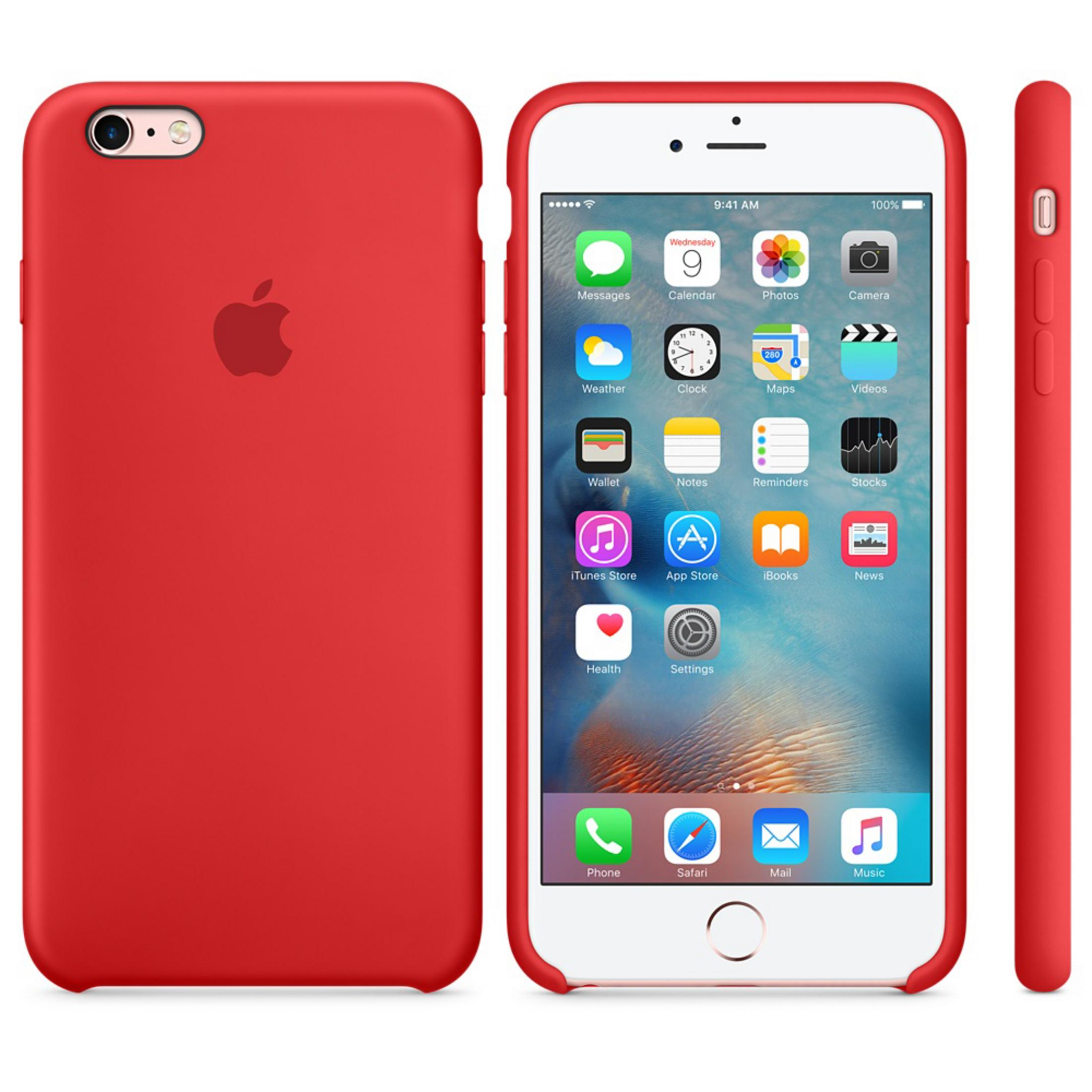 Rotes iPhone 6 in einer passenden Hülle, der Bildschirm zeigt die Oberfläche des Telefons.
