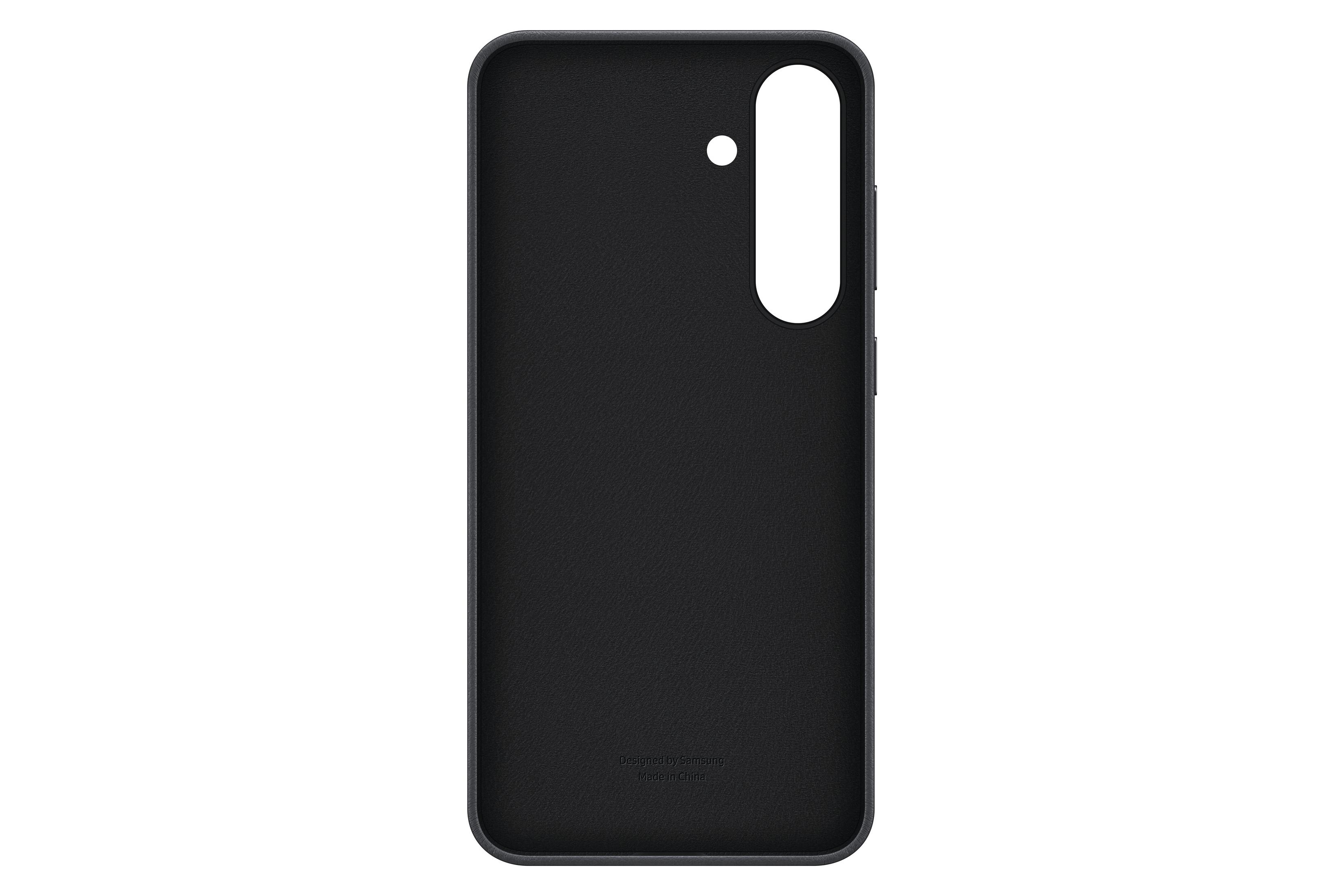 Schwarze Samsung-Handyhülle mit Kameraausschnitt und dem Schriftzug „Designed by Samsung“ unten.