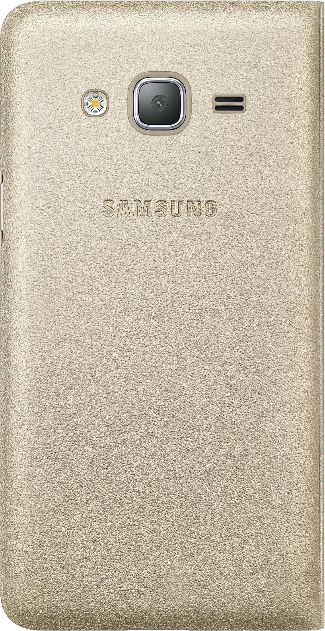 Funda dorada, Samsung, cámara, flash y altavoz.