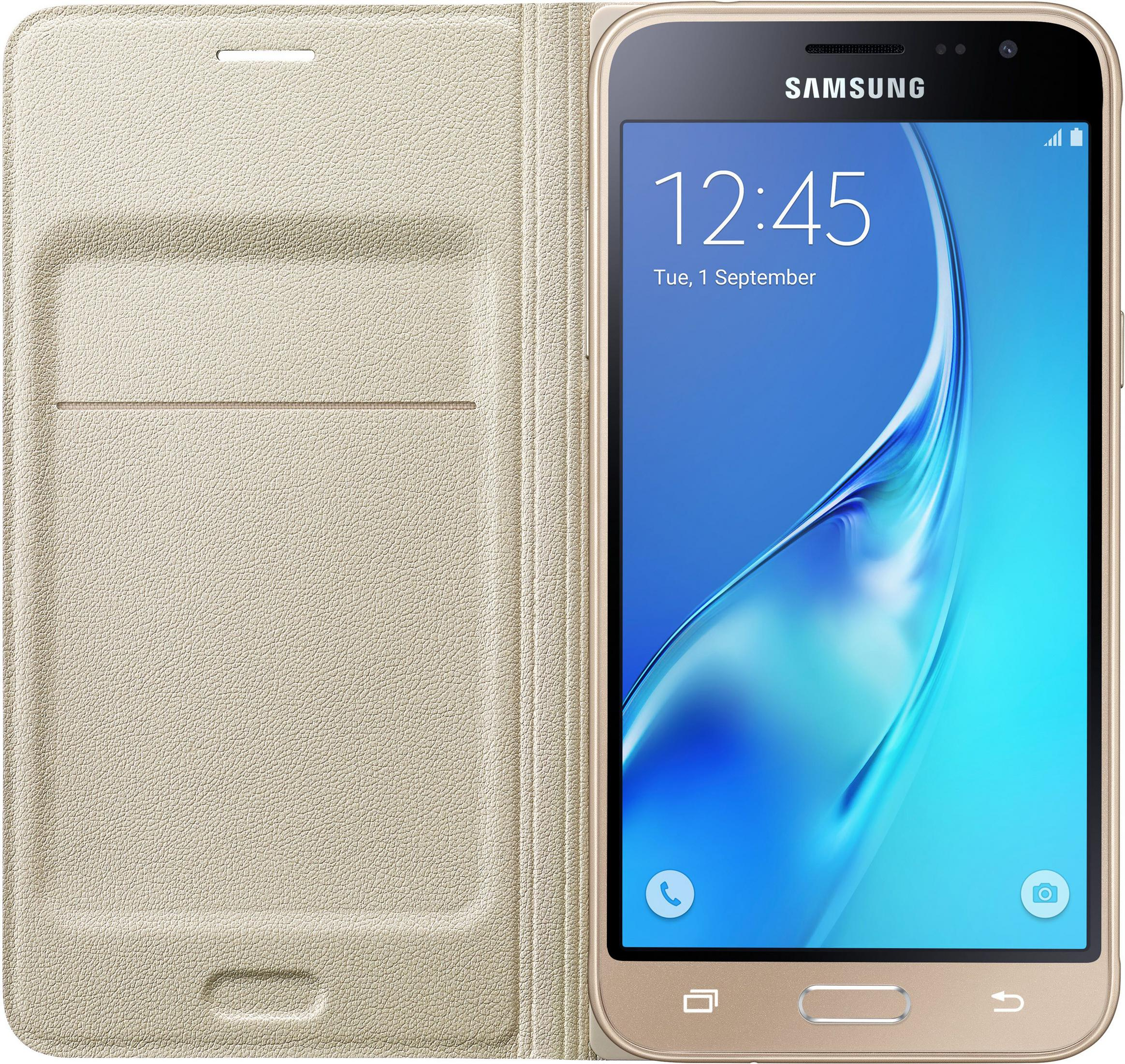 Teléfono Samsung dorado, funda abierta con hora y fecha.