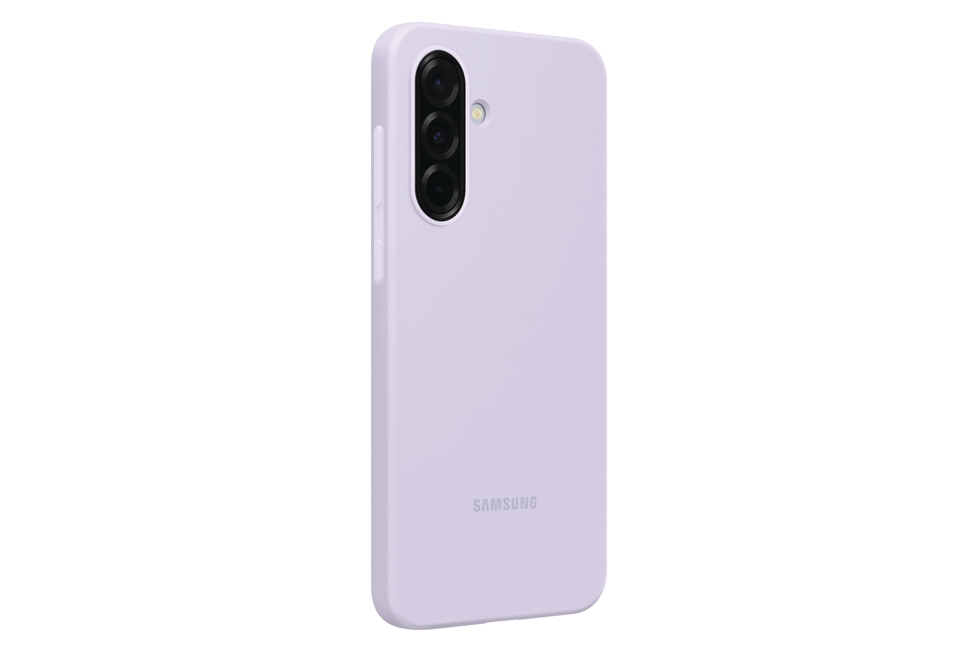 Custodia lavanda con logo Samsung e tripla fotocamera.