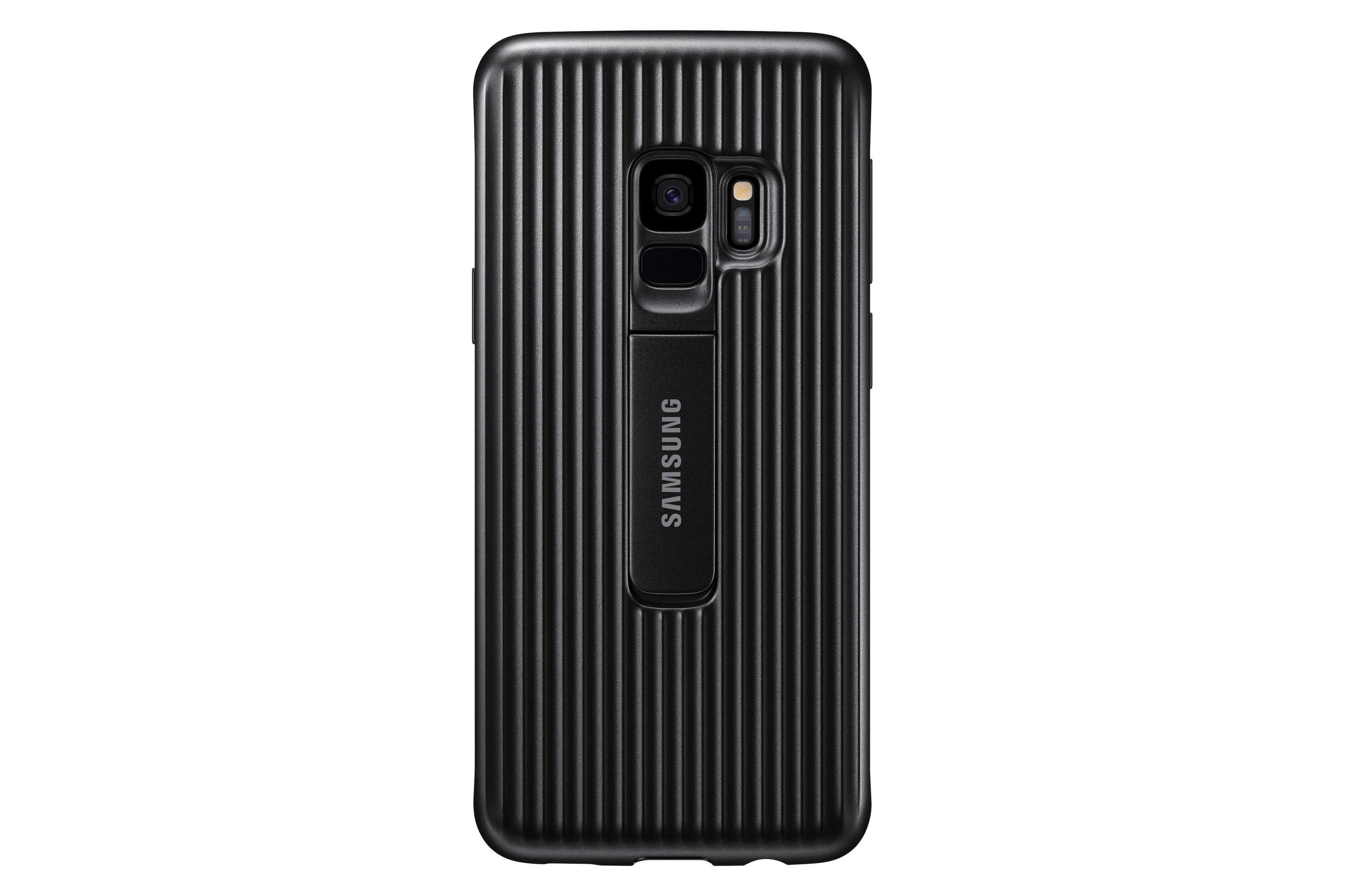 Funda negra para teléfono con parte trasera acanalada y un soporte con la marca Samsung.