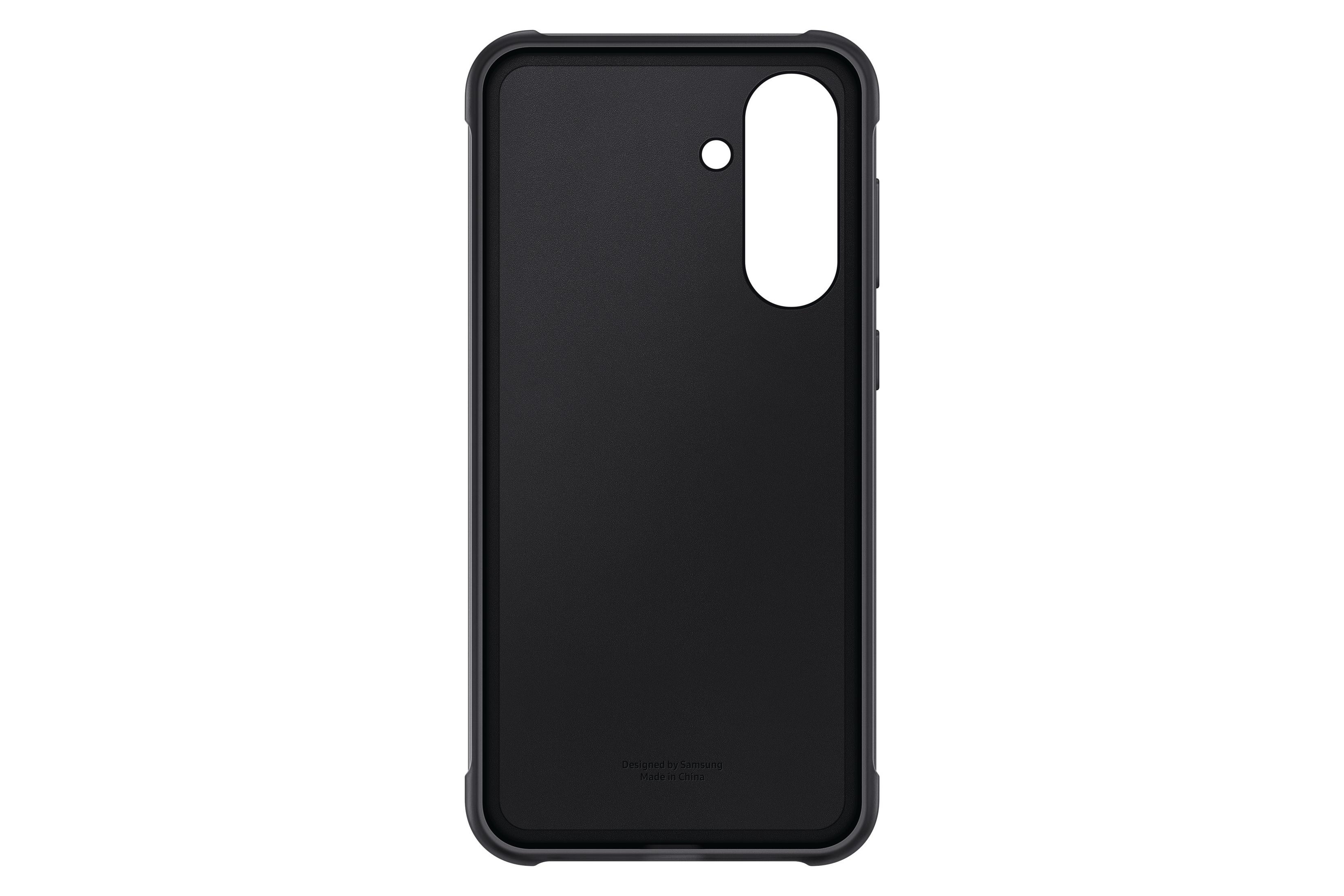 Zwarte telefoonhoes met een frame. Samsung-logo. Witte achtergrond.
