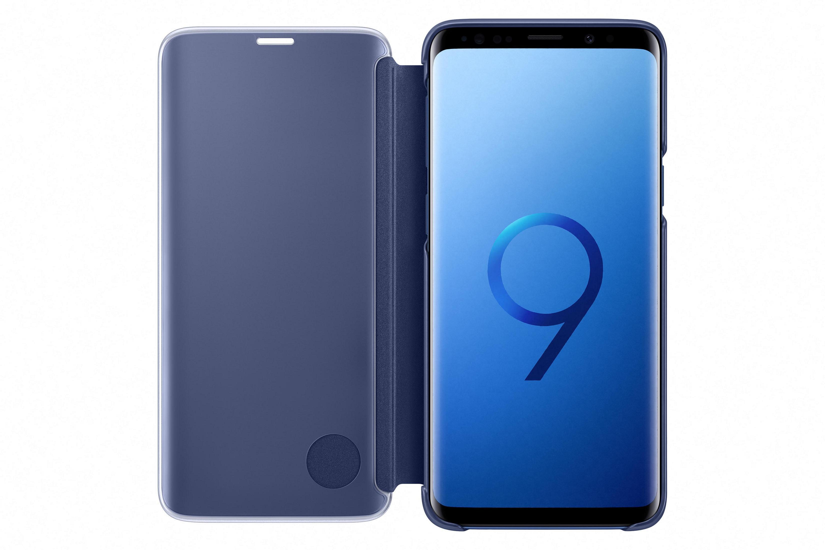 Un teléfono inteligente azul con el número 9 en la pantalla, en una funda azul.