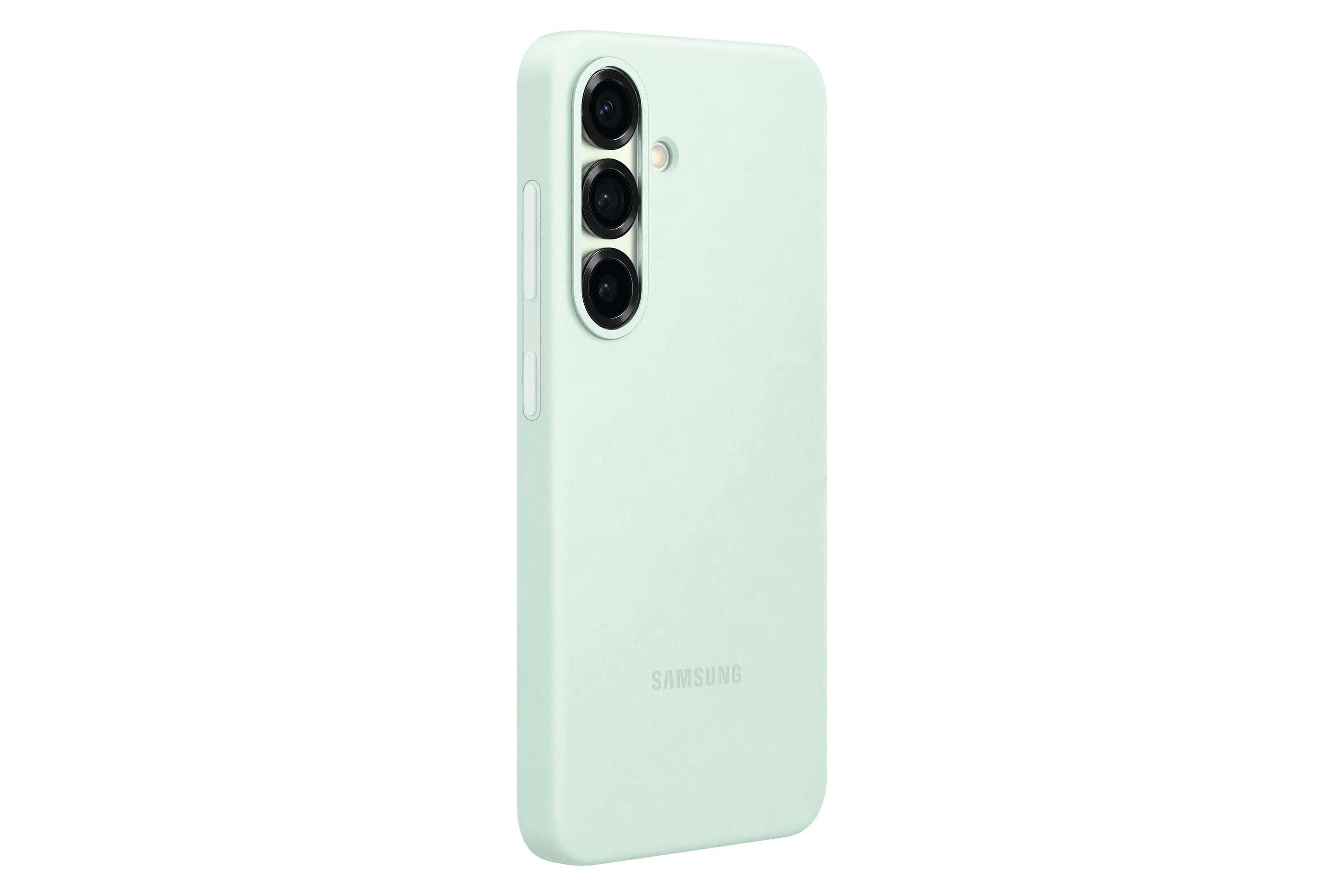 Custodia Samsung verde menta. Con tre obiettivi. Sfondo bianco.