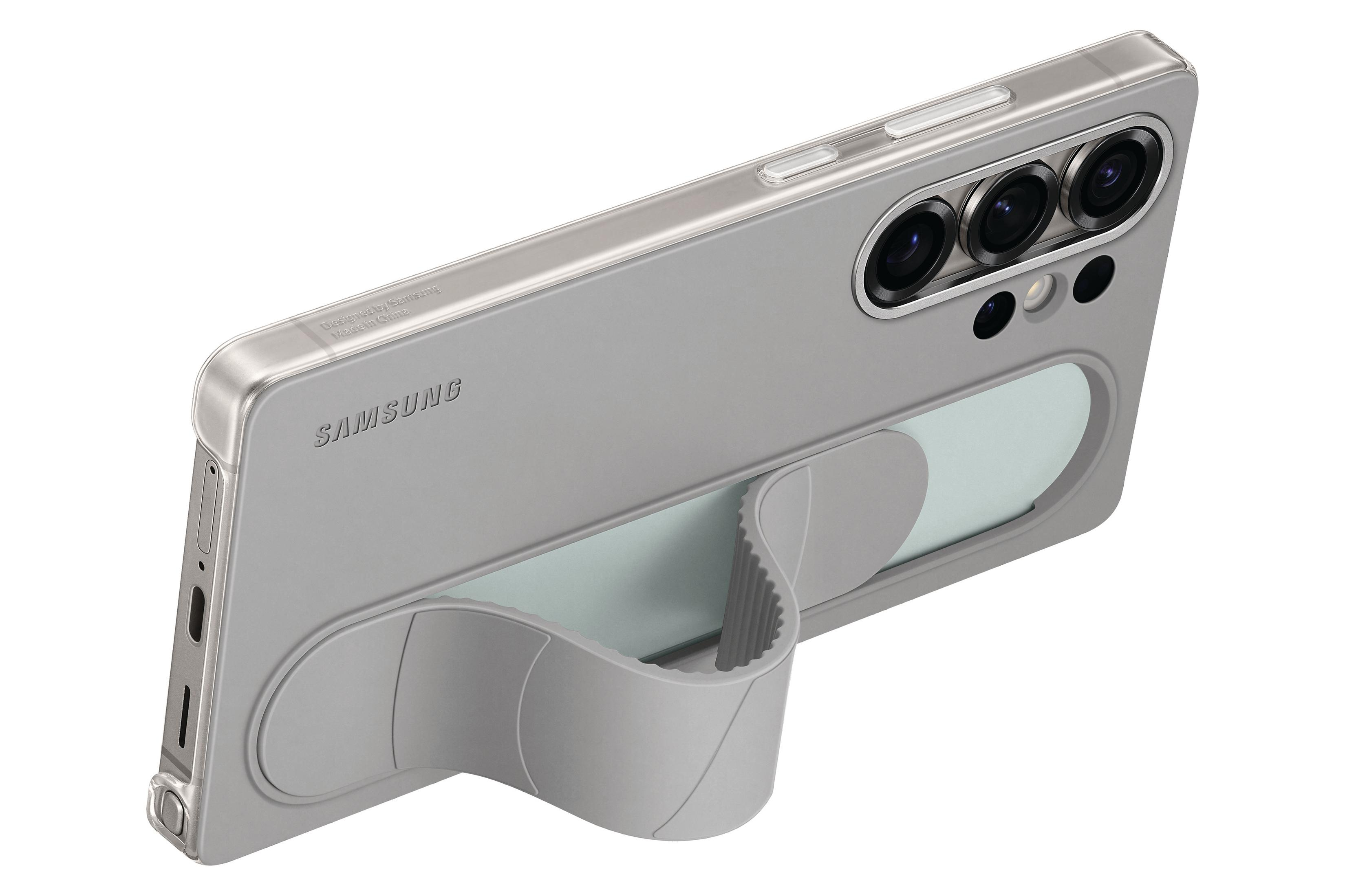 Coque de téléphone grise avec béquille et téléphone avec plusieurs caméras.