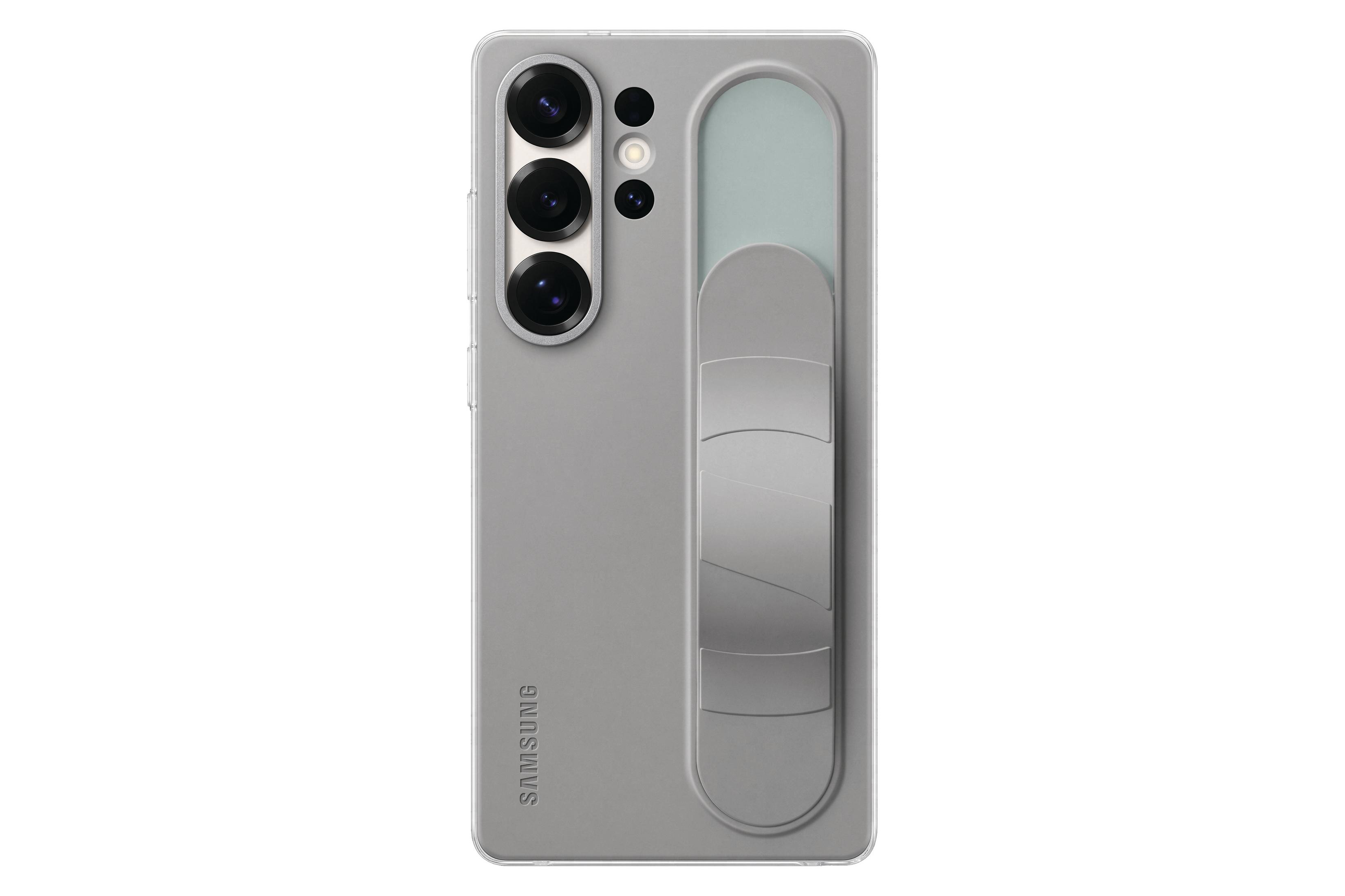Coque de téléphone argentée avec ensemble caméra et poignée argentée au dos.