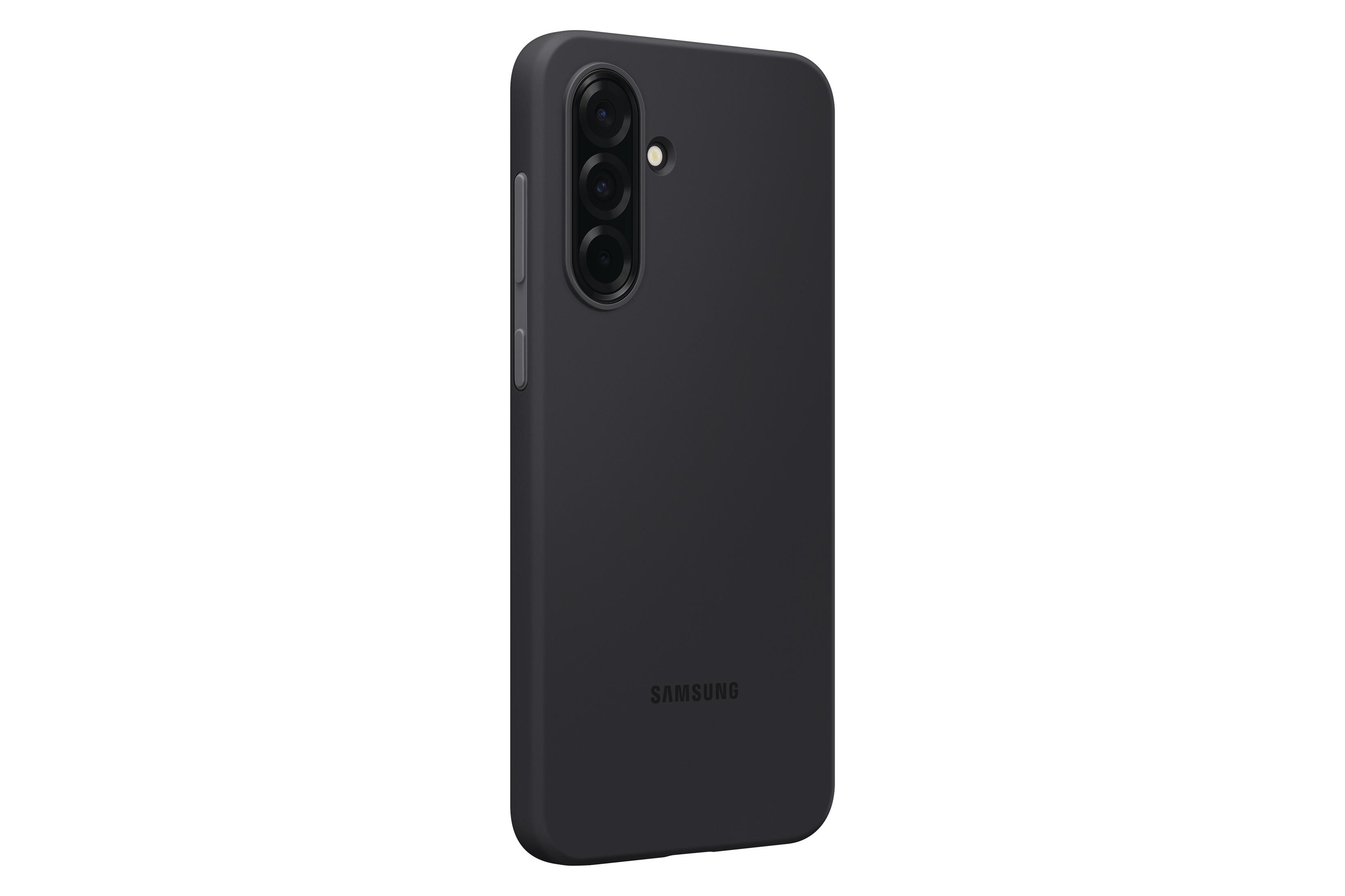 Custodia nera, vista laterale. Gruppo fotocamere, pulsanti laterali, marchio Samsung.