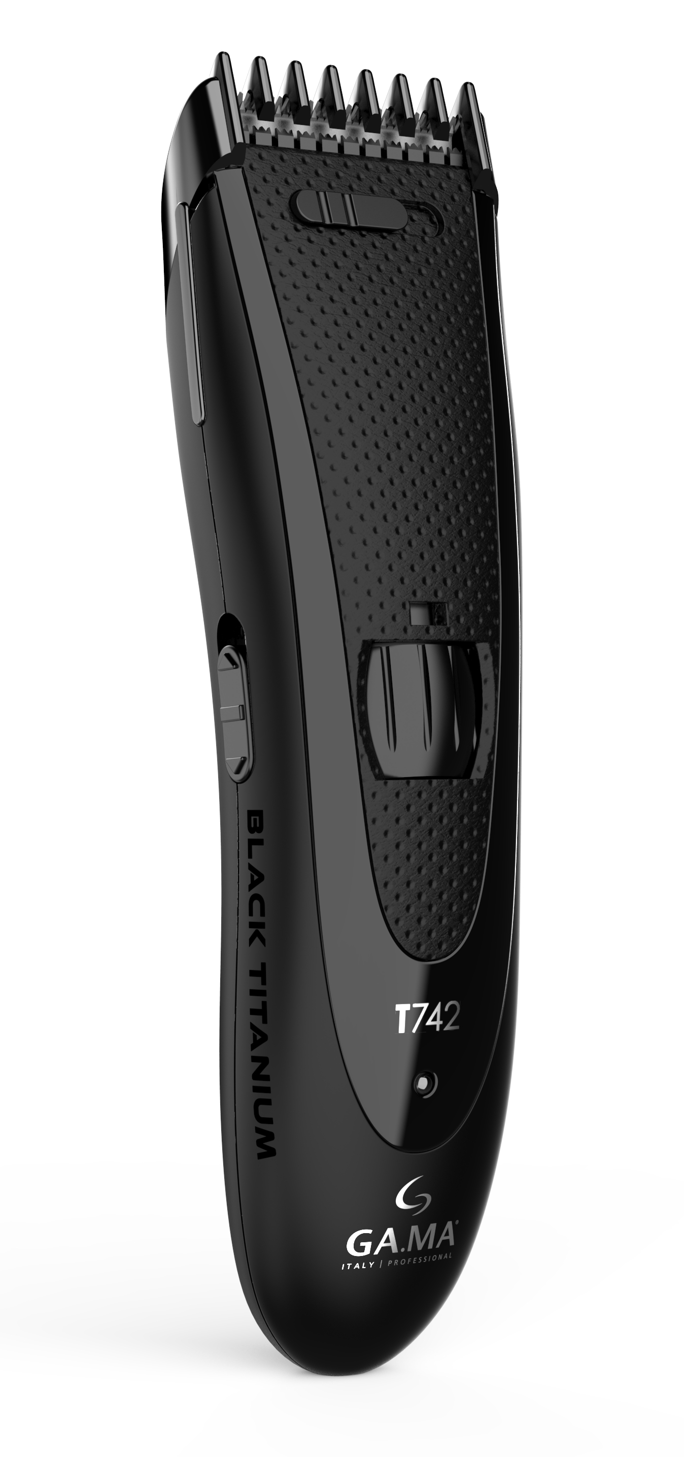 Black beard trimmer with the text "BLACK TITANIUM" and model name "T742" on it.