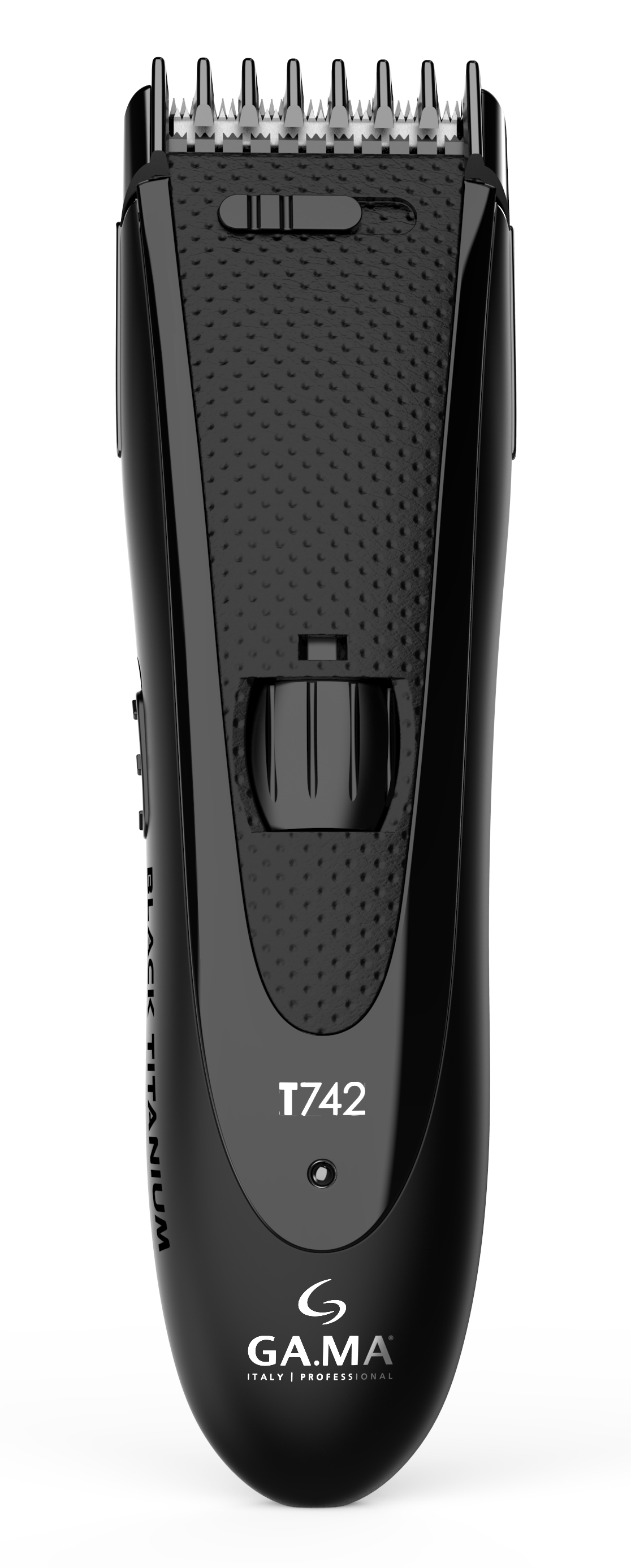 Black electric hair trimmer.  Brand is G.A.MA, model T742. Features blade, buttons, and textured grip.