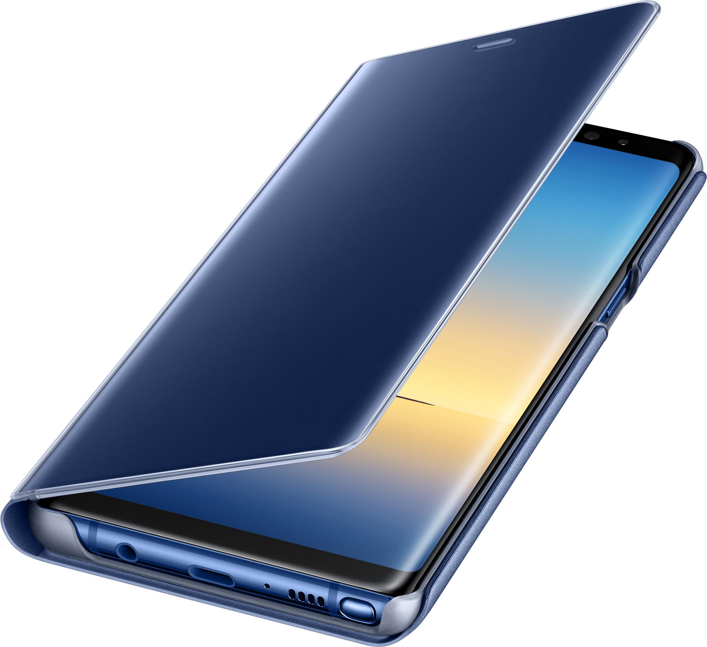 Blaue Handyhülle geöffnet, zeigt einen Telefonbildschirm. Das Telefon hat eine blaue Hülle und der Bildschirm ist an.