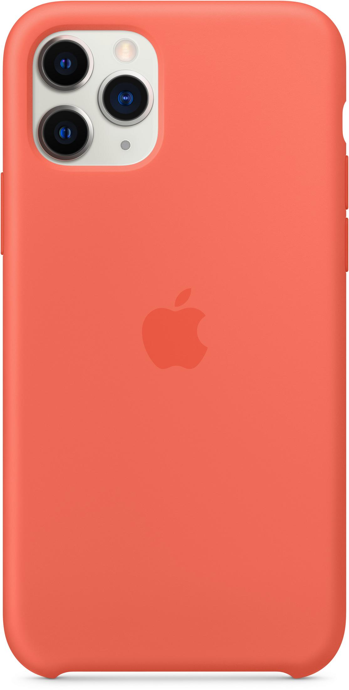 Koraal telefoonhoesje met Apple-logo. Drie cameralenzen. Glanzende en gladde textuur.