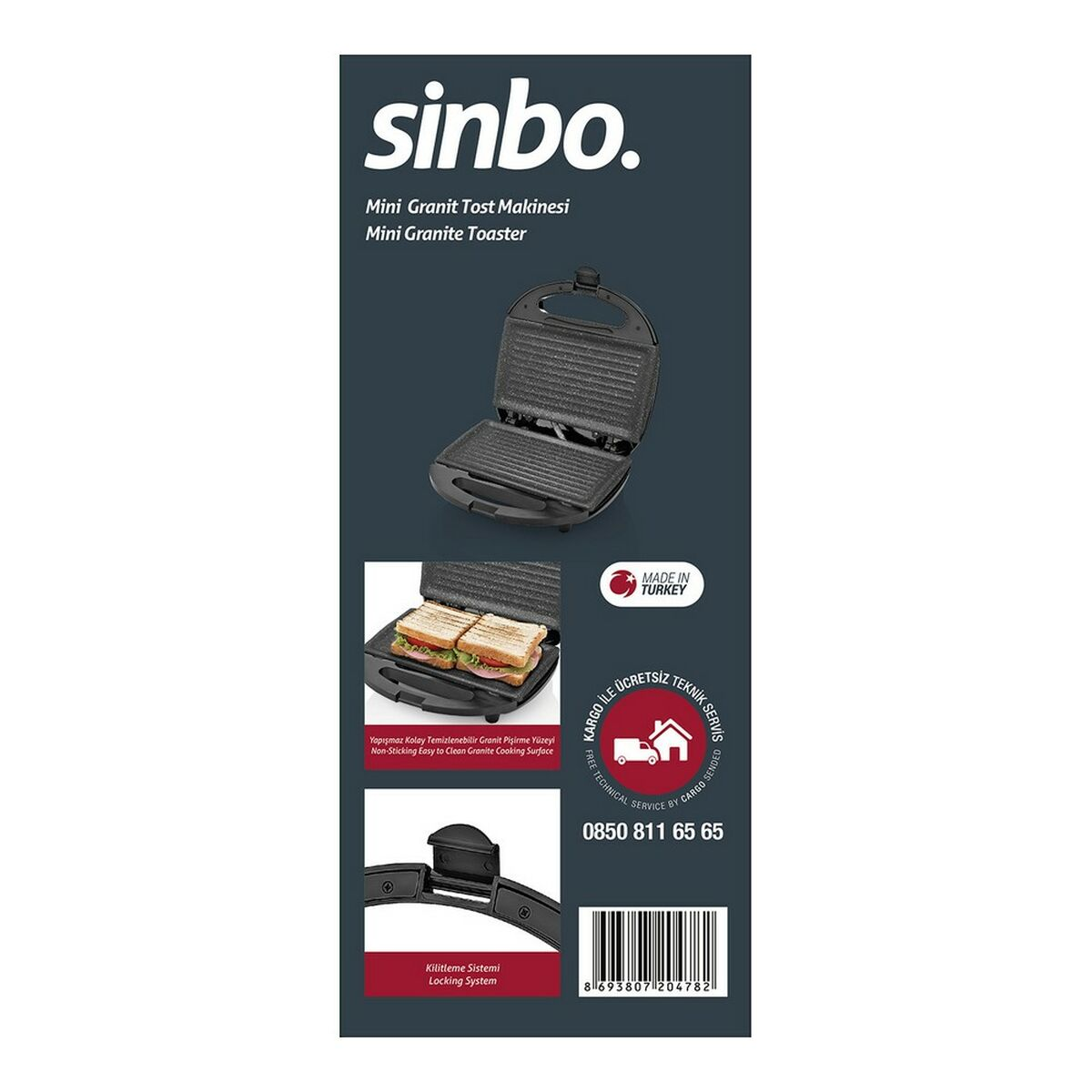 Sinbo mini tost makinesi ambalajı. Tost makinesi siyah renkte ve sandviç var.