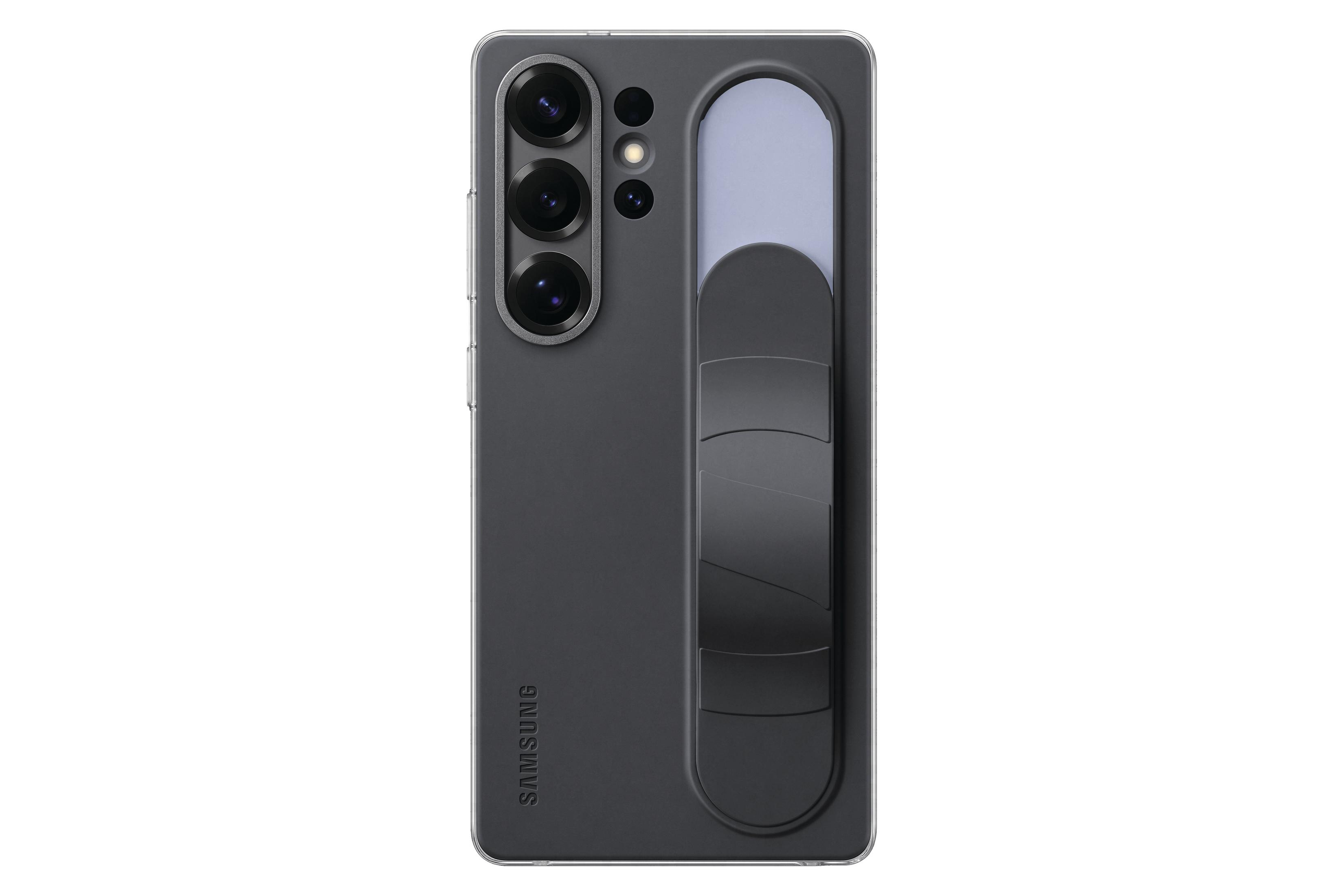 Ein graues Samsung-Telefon mit Ständer. Das Telefon befindet sich auf weißem Hintergrund.