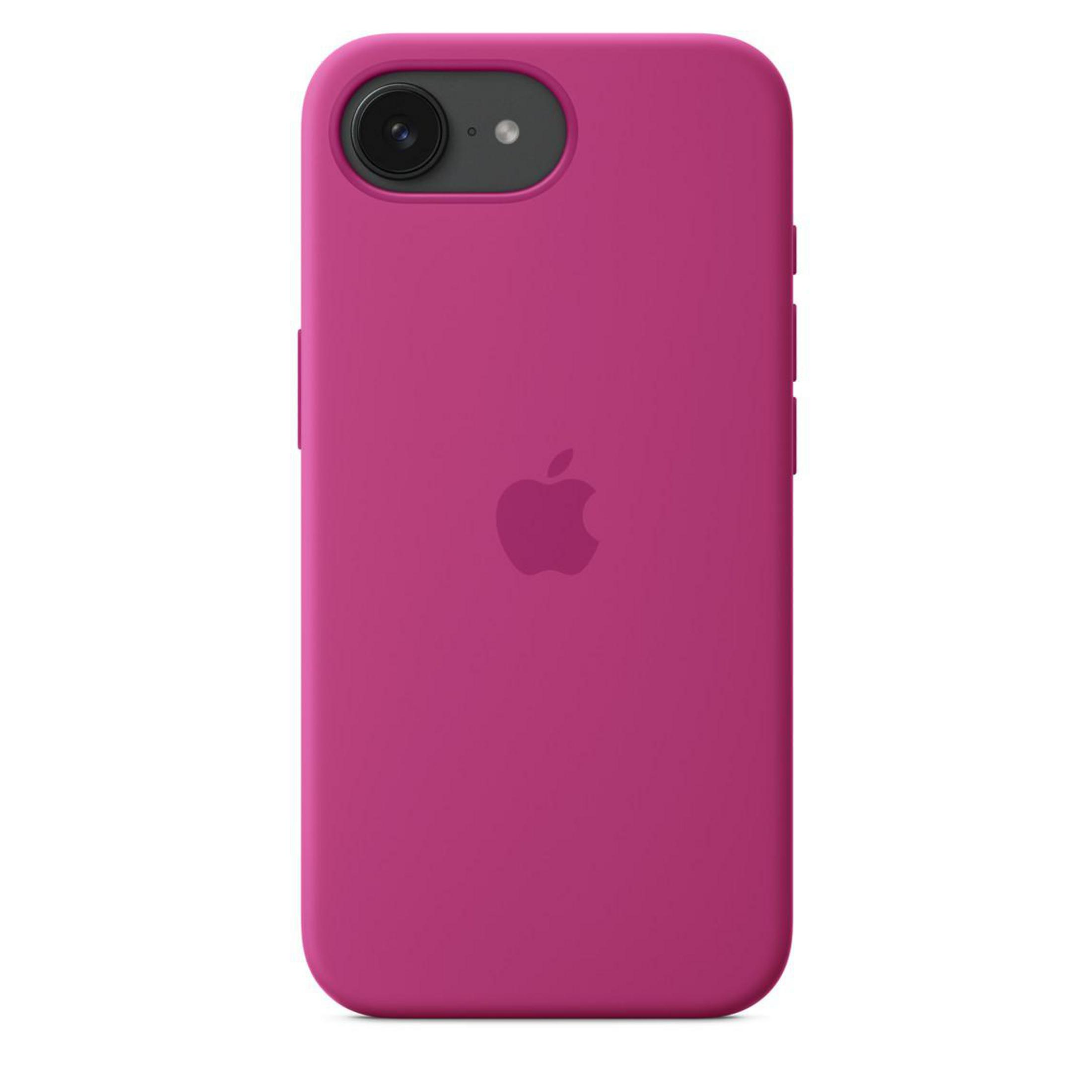 Coque de téléphone rose avec un logo Apple et une caméra. La coque est de couleur rose unie.