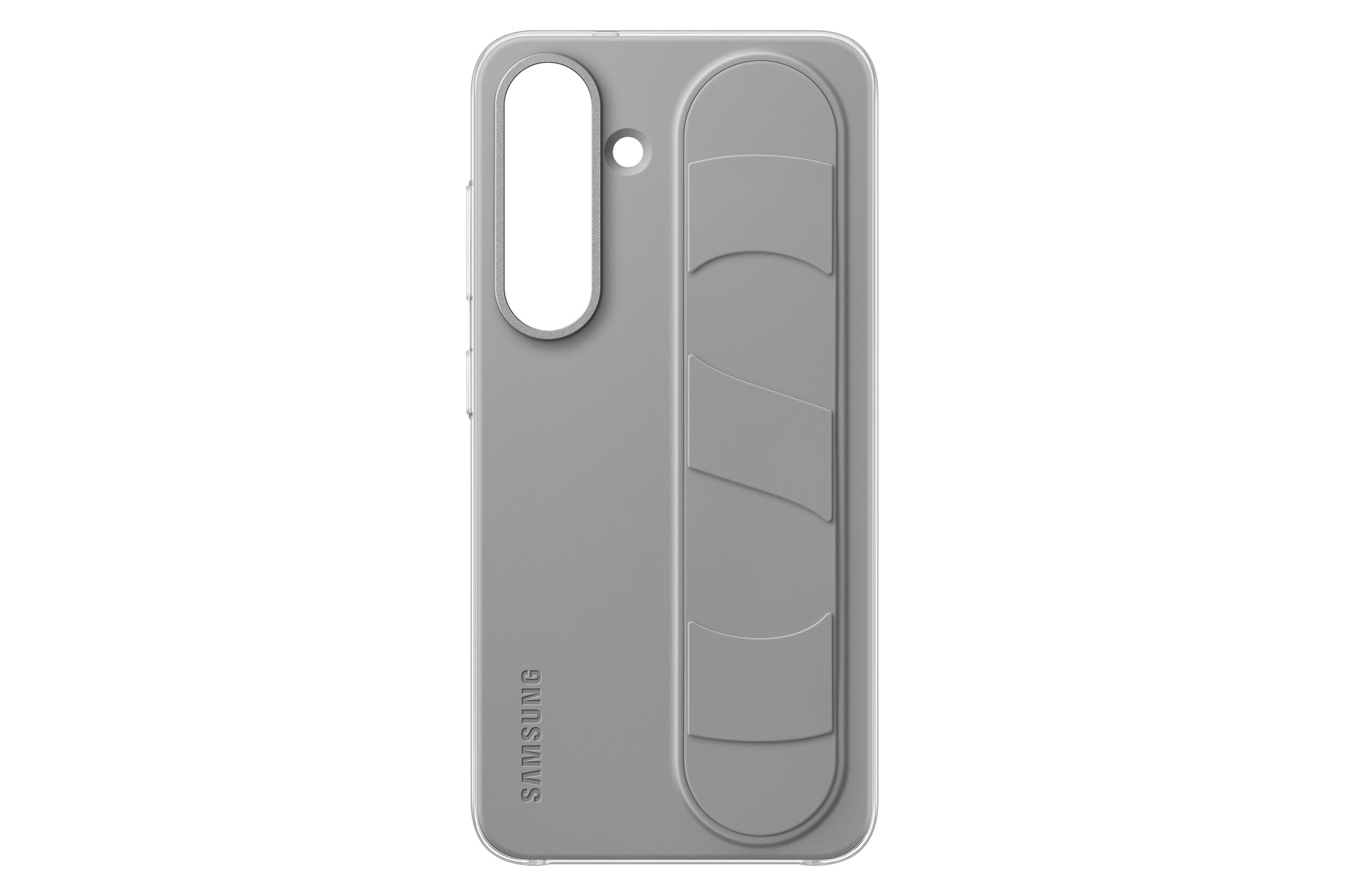 Una custodia grigia per telefono con una striscia di plastica trasparente. Il logo Samsung è visibile.
