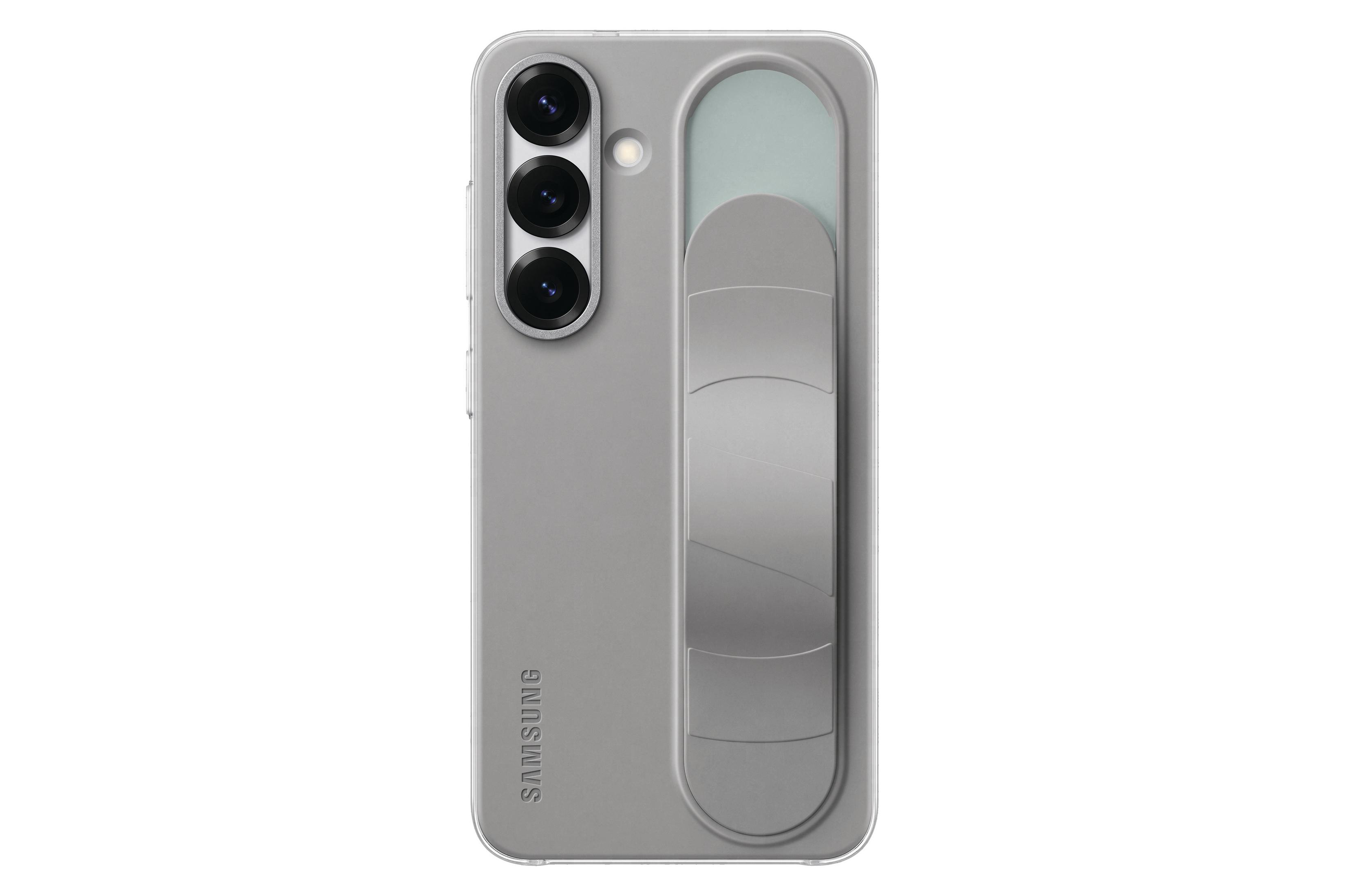 Custodia grigia con lenti della fotocamera e impugnatura rialzata sul retro, logo Samsung, sfondo bianco.