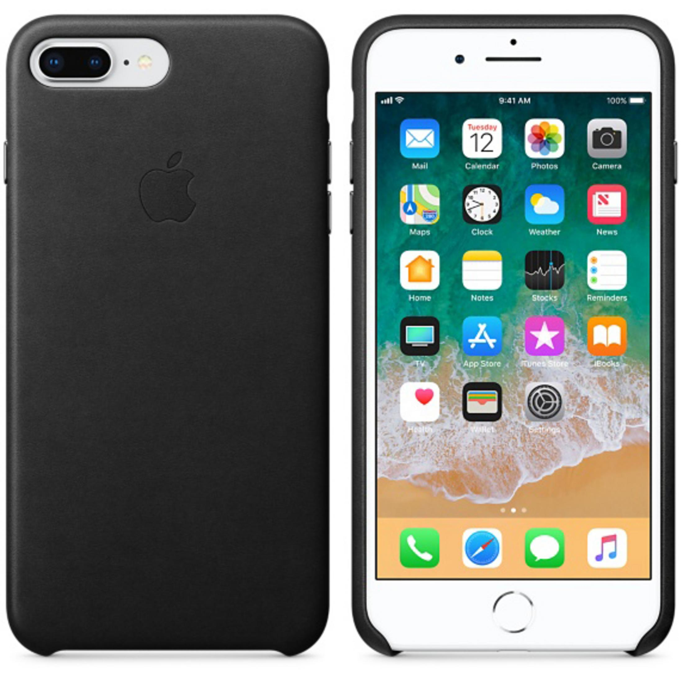 iPhone nero in custodia con logo Apple e schermo acceso che mostra le icone delle app. Sfondo bianco.