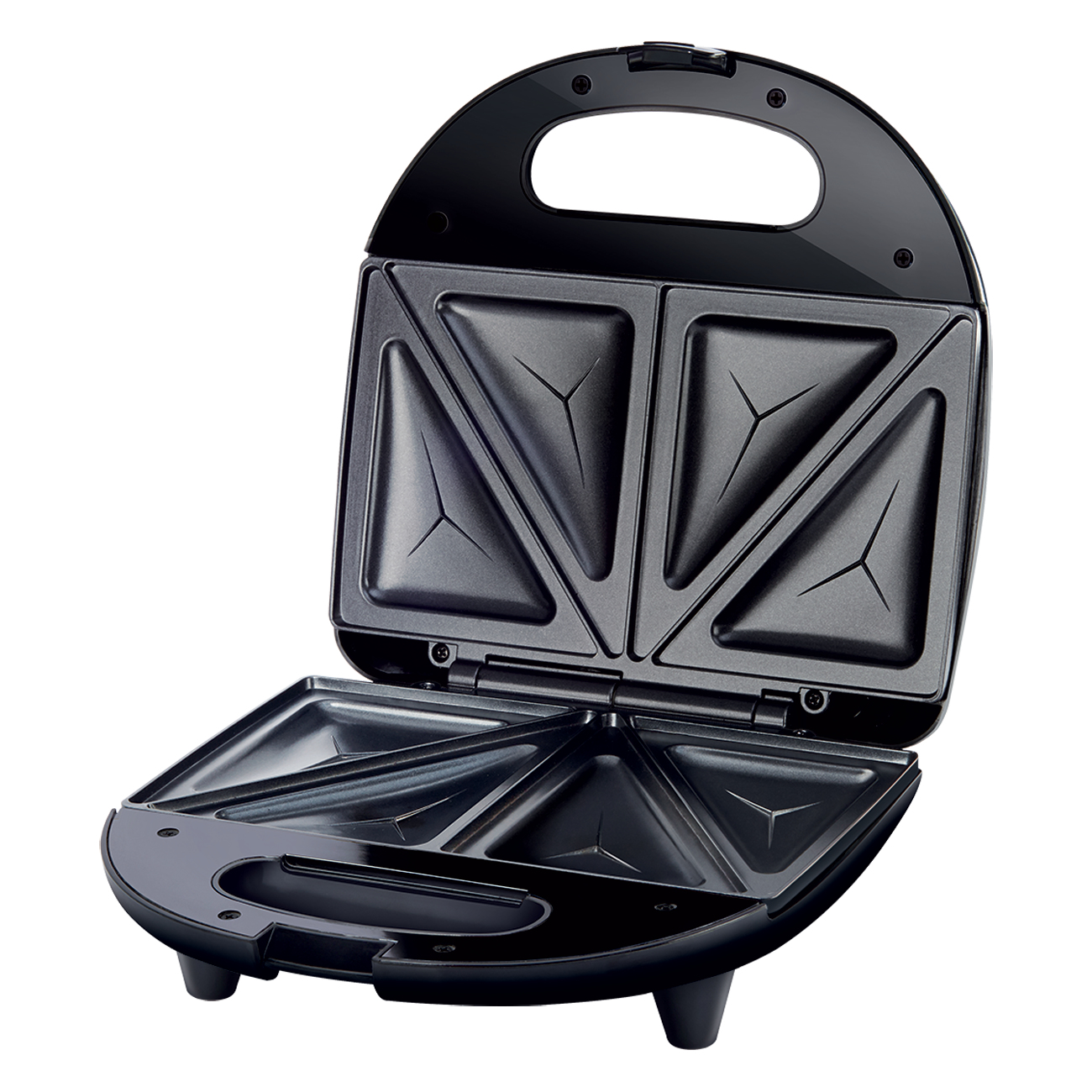 Sandwich maker nero, aperto. Piastre triangolari. Maniglia in alto.