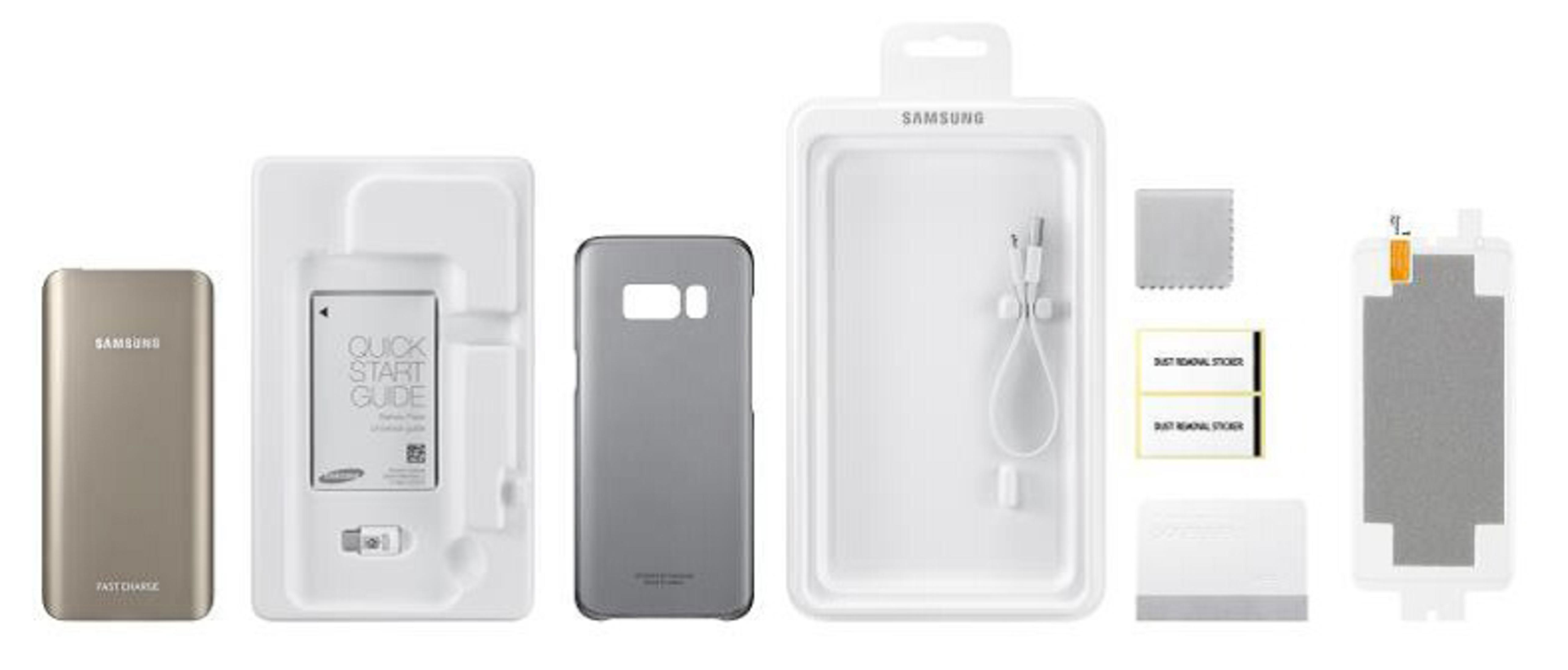 Un kit di accessori per telefono include un power bank, una custodia e una protezione schermo.