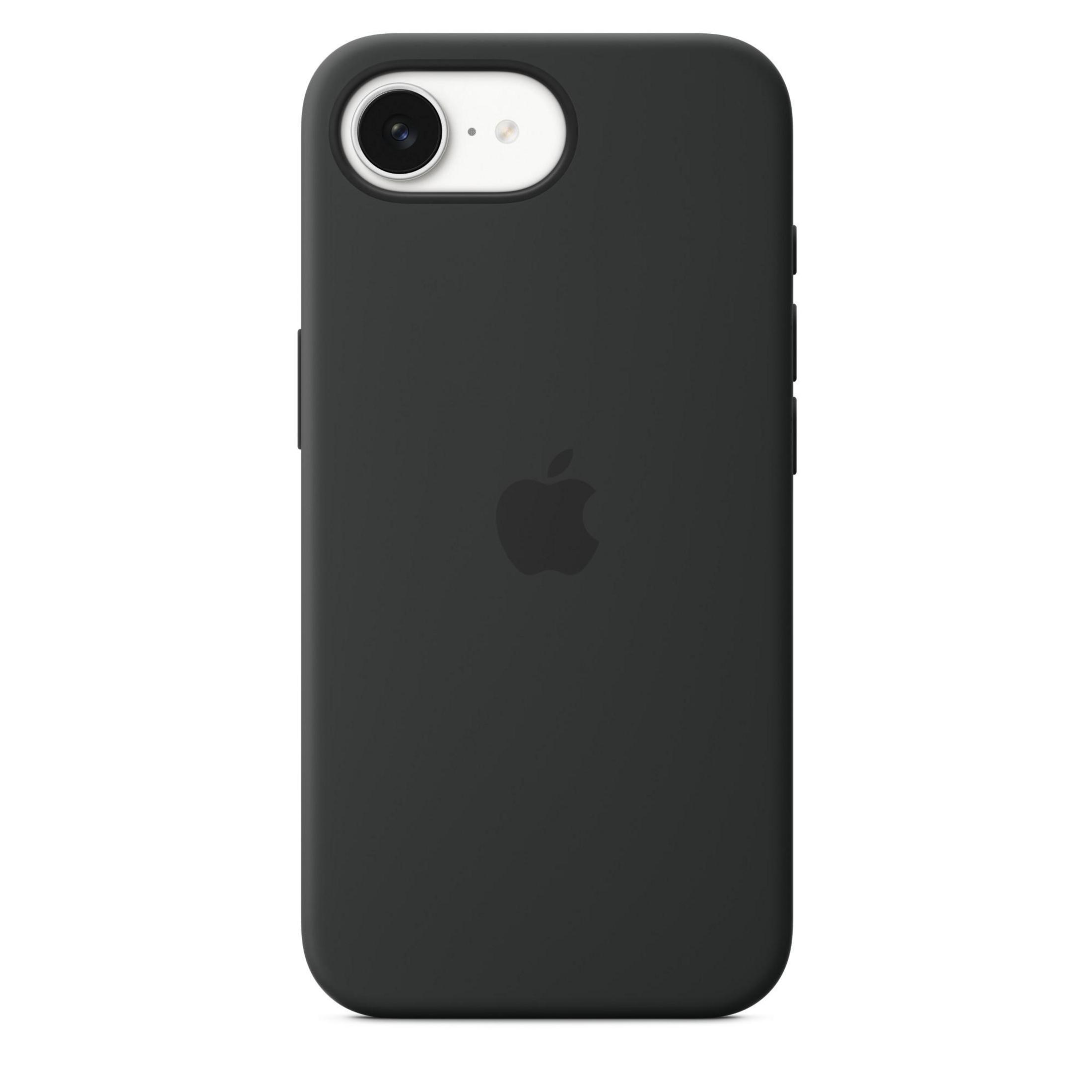 Una custodia per iPhone nera. Il logo Apple è visibile.