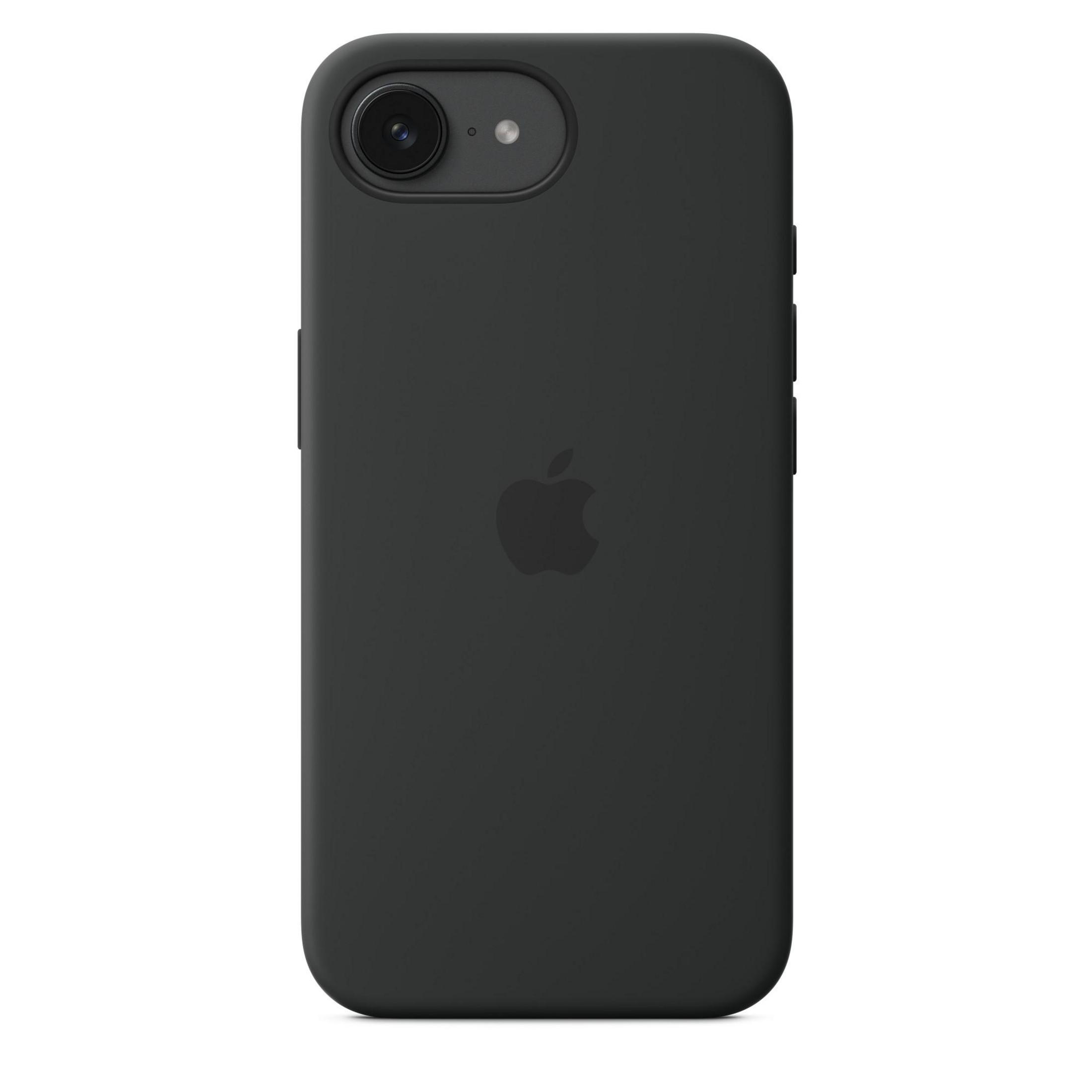 Custodia nera con logo Apple. Fotocamera e pulsanti visibili.