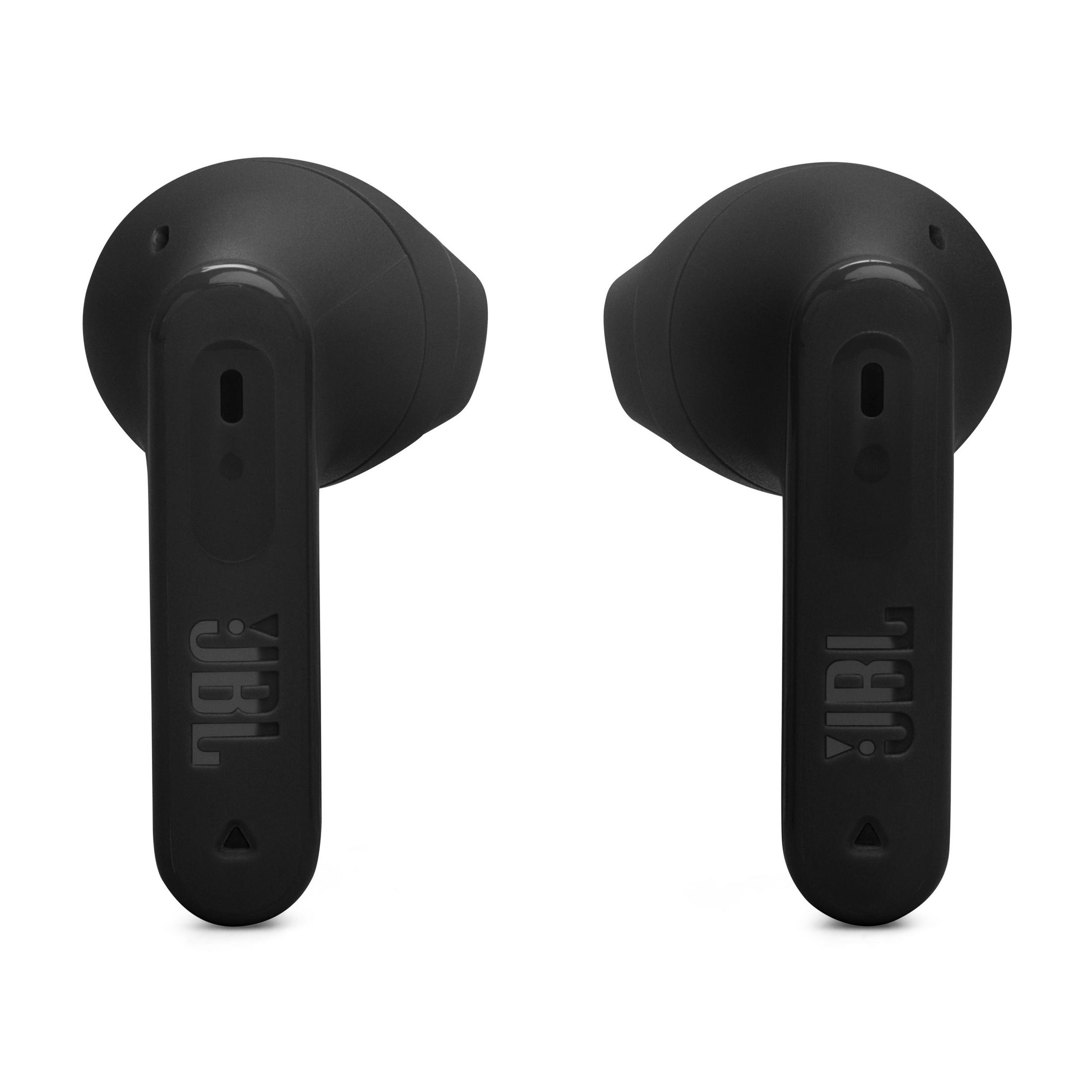 Due auricolari JBL neri, ciascuno con il logo JBL sullo stelo, su sfondo bianco.