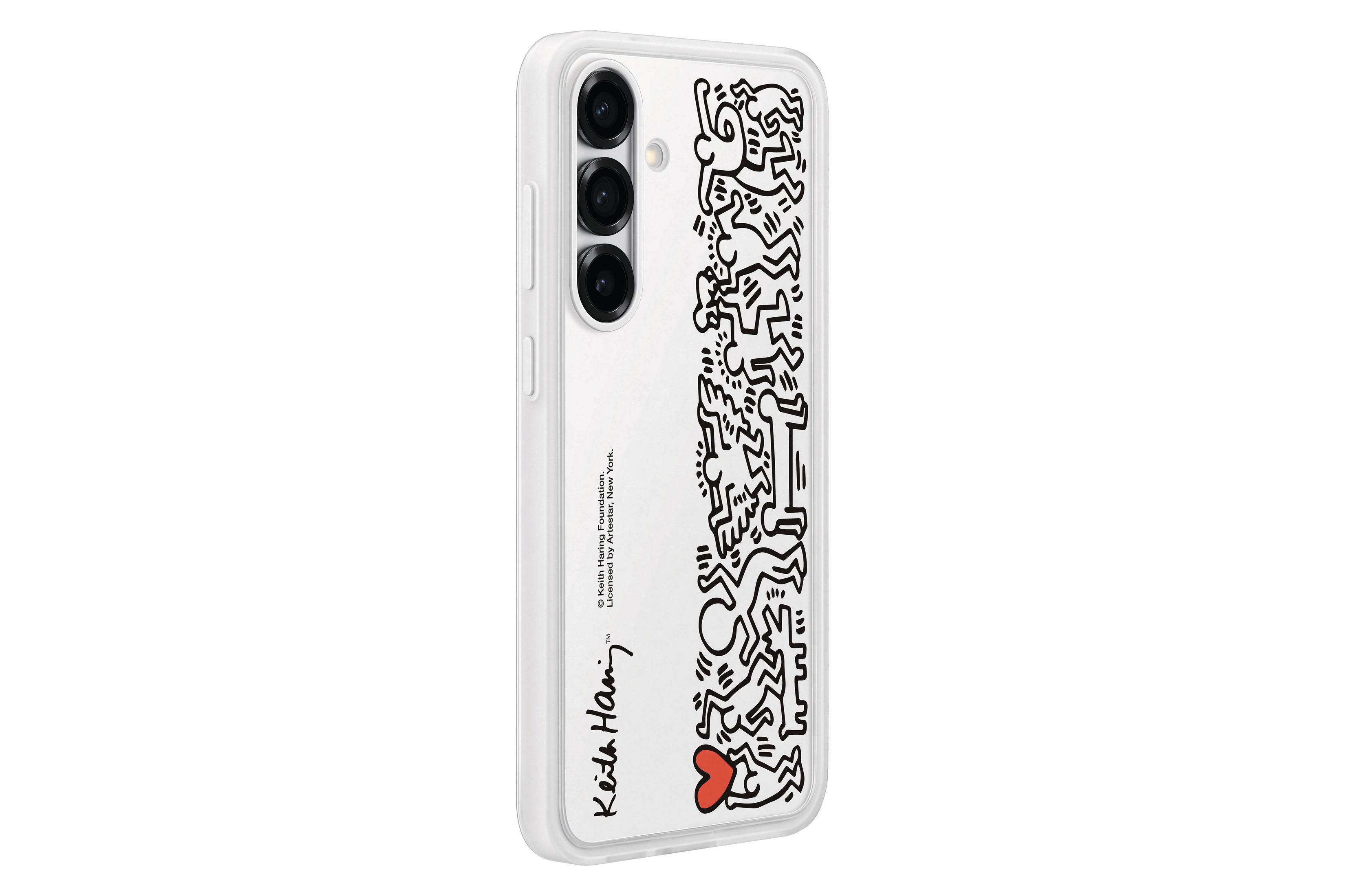 Funda blanca para teléfono con arte de Keith Haring. Fondo blanco.