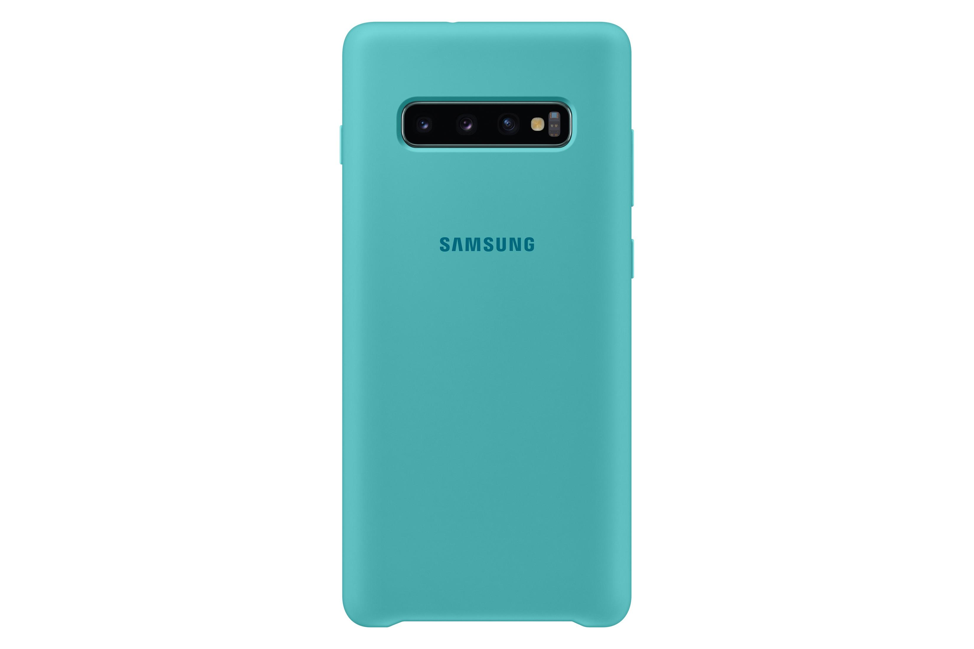 Custodia per telefono turchese. Logo Samsung visibile. Design pulito e semplice.