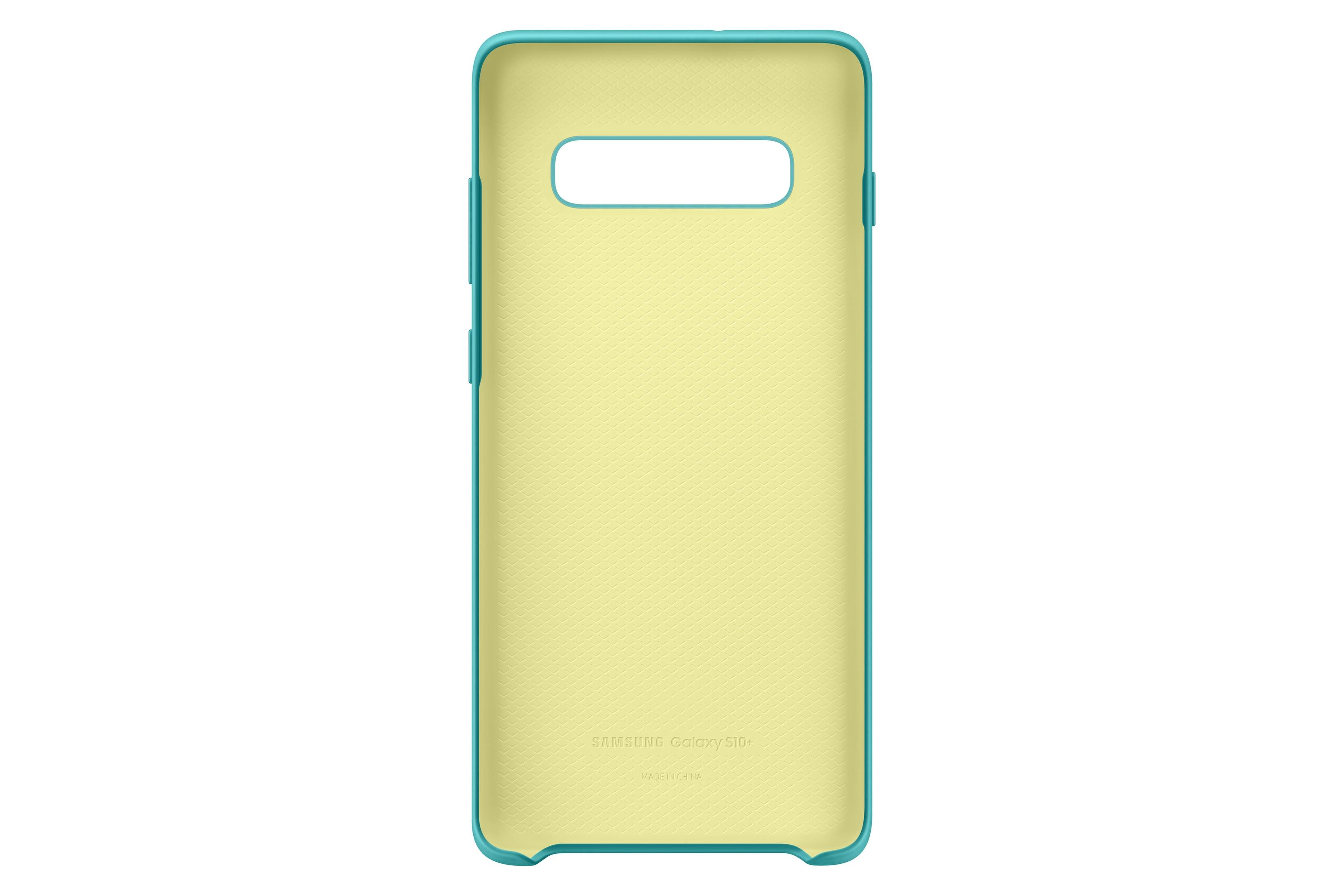 Custodia Samsung Galaxy S10, vista interna. Cornice turchese, interno giallo, logo Samsung.