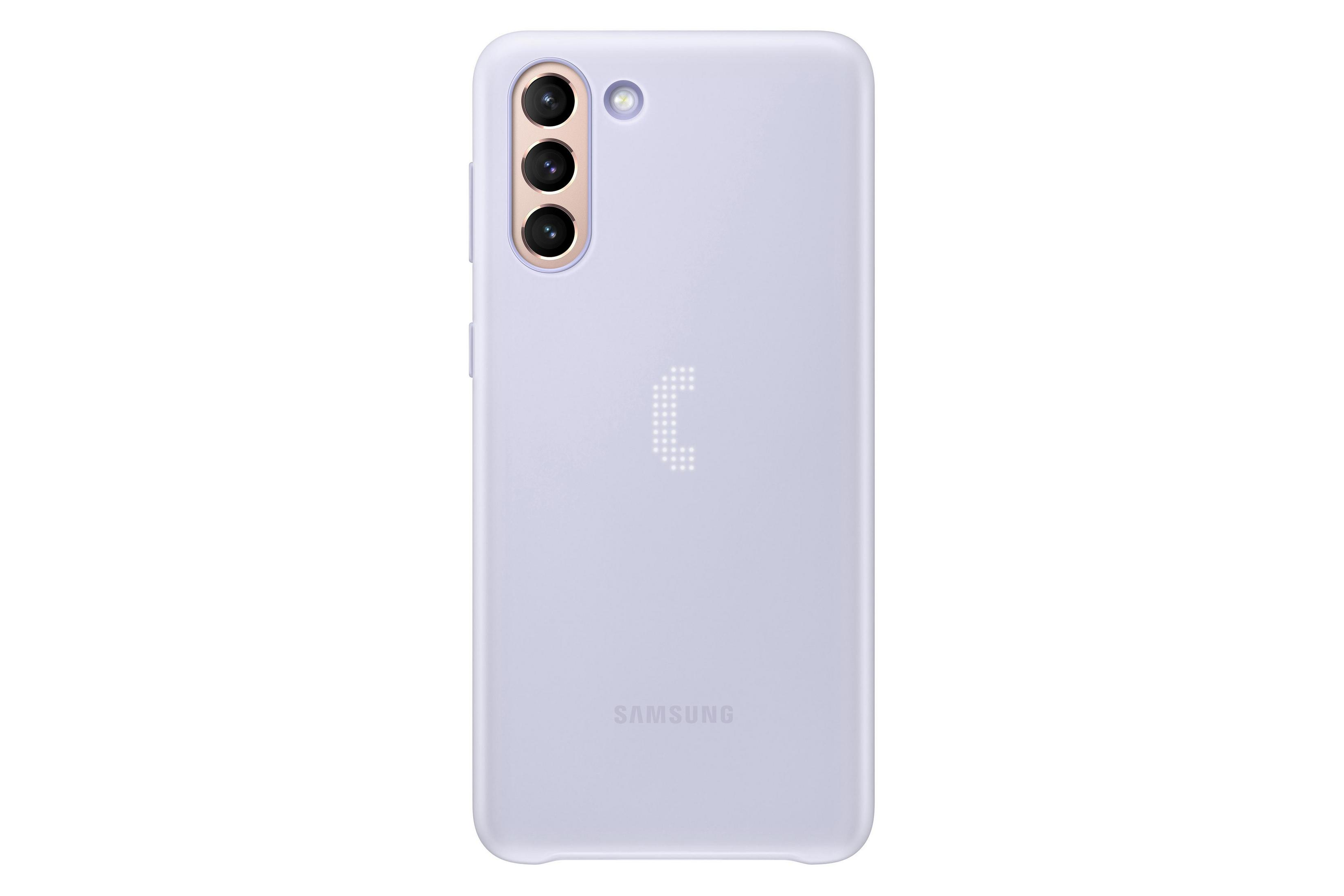 Eine lavendelfarbene Handyhülle mit drei Kameralinsen und einem Licht. Das Samsung-Logo ist sichtbar.