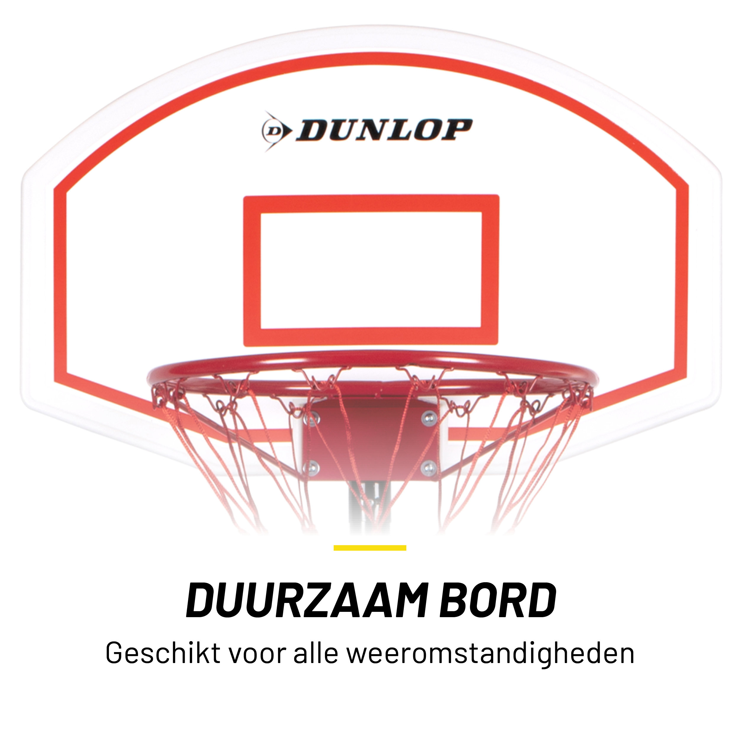 Close-up of a white and red basketball hoop. Dunlop logo visible.