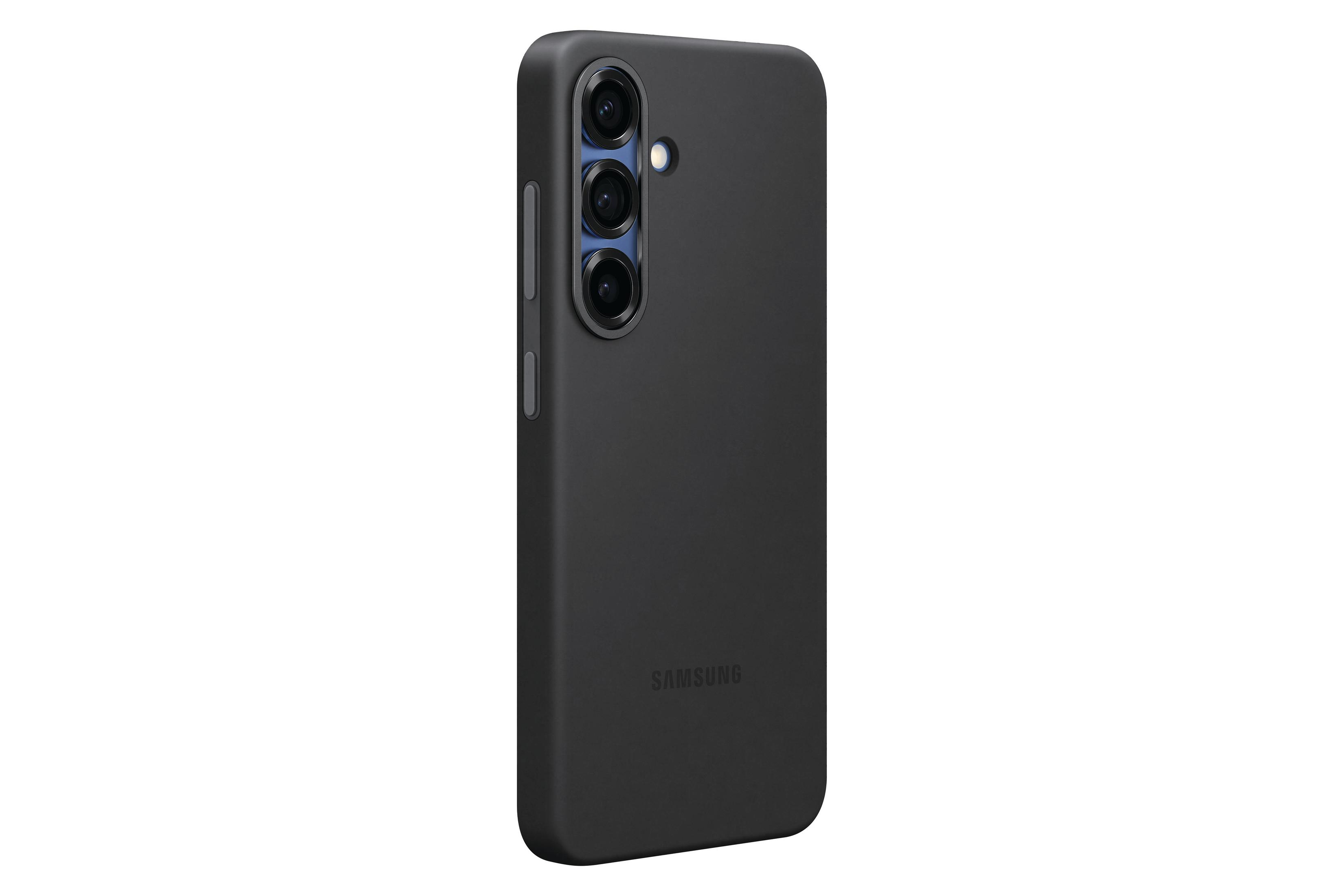 Custodia nera per telefono. Tre obiettivi della fotocamera visibili. Vista posteriore.