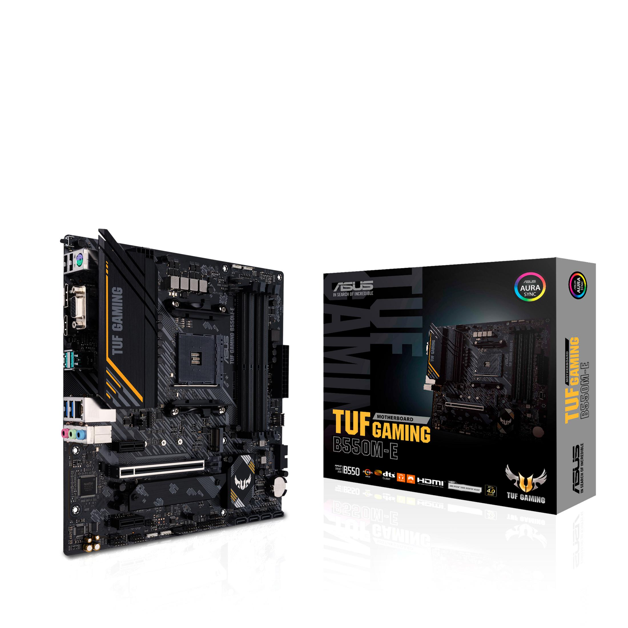 Scheda madre per computer e scatola. La scatola dice TUF GAMING B550M-E. Anche la scheda madre è visibile.