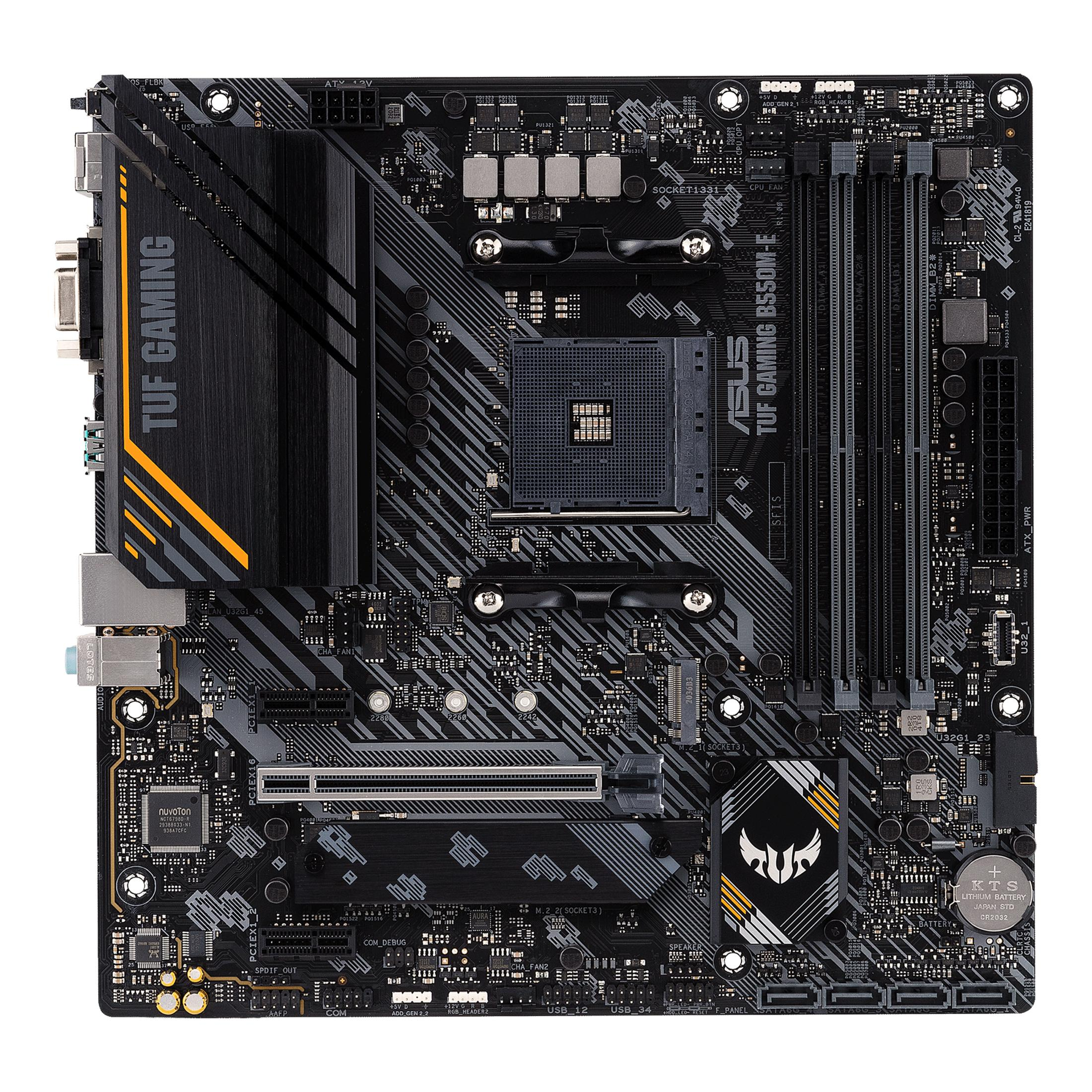 Scheda madre del computer. Nero con accenti gialli. Vari componenti visibili, inclusi slot e connettori.
