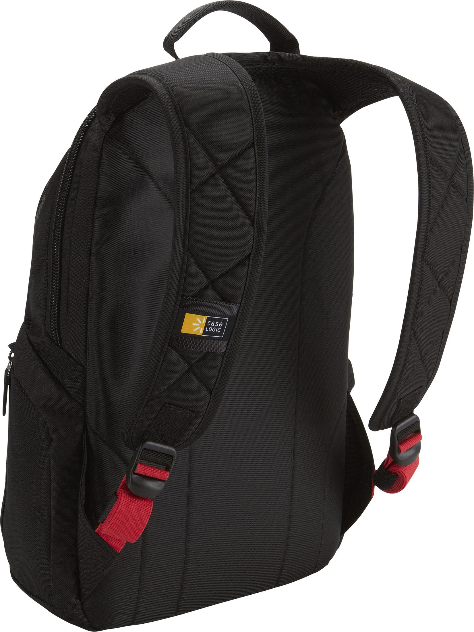 Schwarzer Rucksack mit roten Akzenten. Case Logic Logo auf dem Gurt.